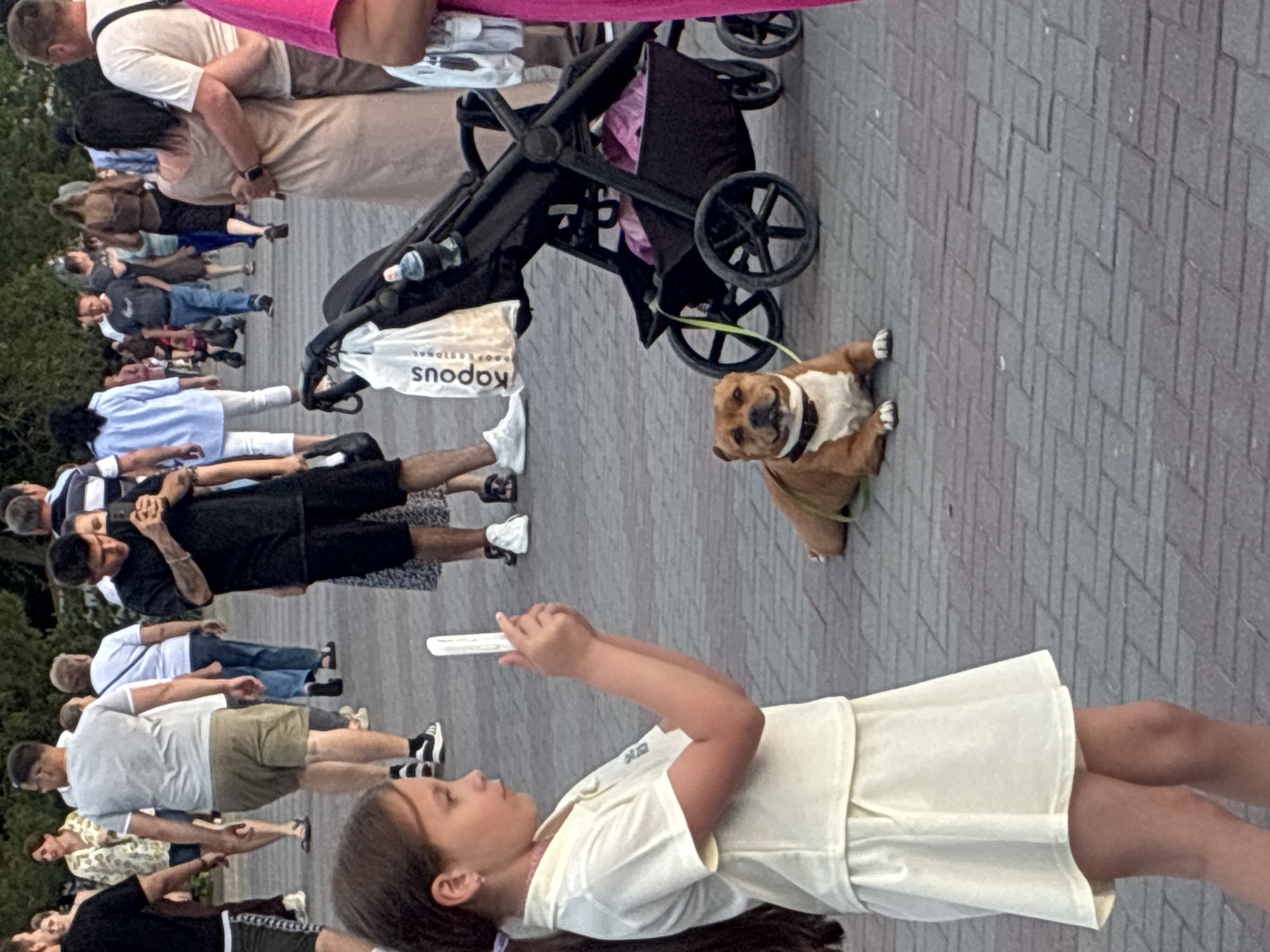 In an outdoor, paved urban area, a young girl with dark hair, wearing a pale yellow shirt and skirt, stands in the foreground on the left, holding a white smartphone and looking at it. In the middle ground, a tan and white Staffordshire Bull Terrier lies on the ground on a leash, looking towards the camera. Beside the dog is a black stroller with a shopping bag attached. Several people are visible in the background, including a couple embracing, a man in a black t-shirt holding a phone, and others walking. The setting appears to be a public walkway or plaza with trees in the distance.