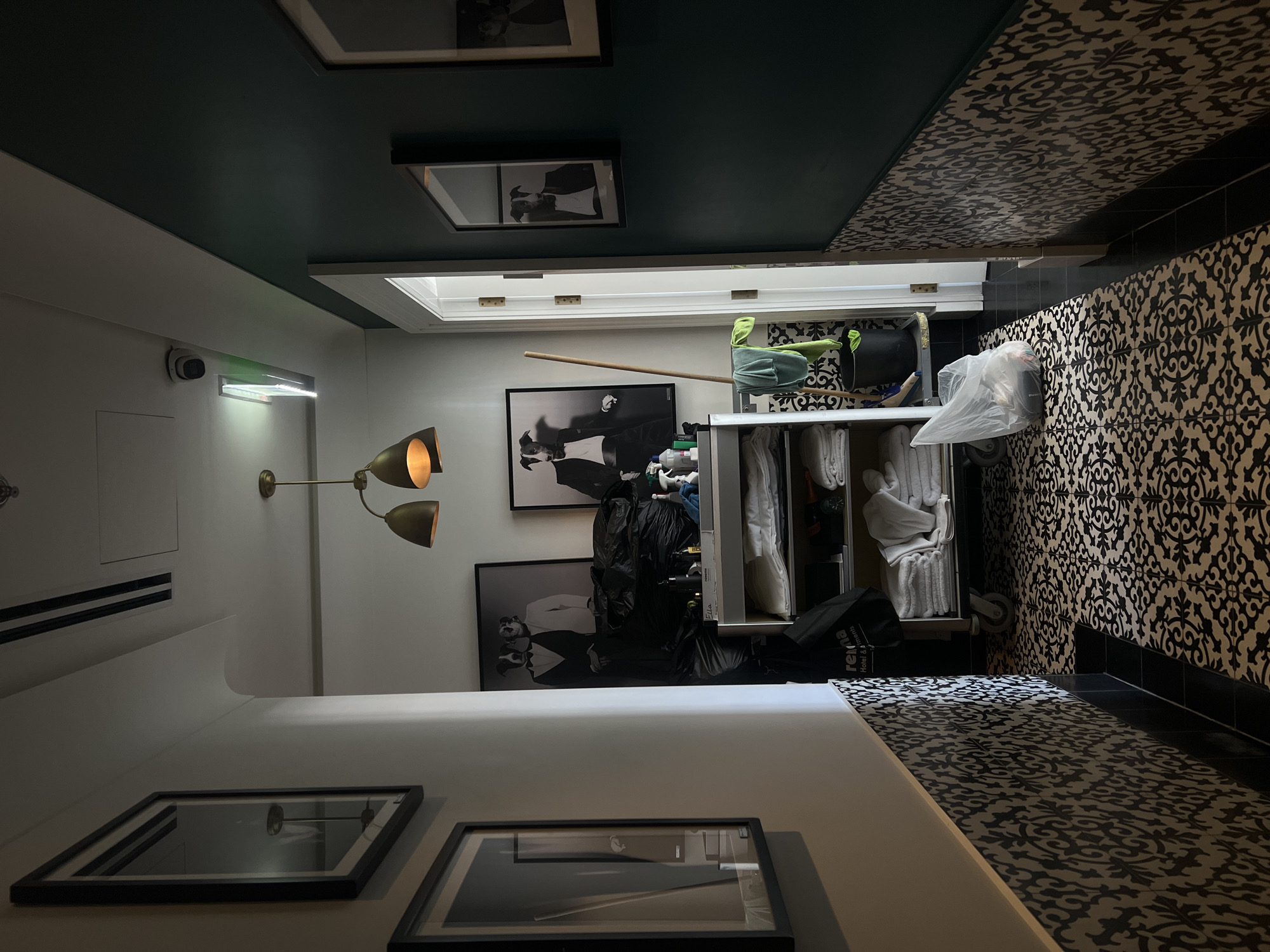 The image depicts a dimly lit hotel hallway with a distinctive black and white patterned tile floor and a matching wallpaper or tiled border along the lower walls. On the left, a framed mirror hangs on a white wall. Further down the hallway, a framed print of two dogs dressed in formal attire is visible. In the center of the hallway, a housekeeping cart is laden with white towels, cleaning supplies, and large black trash bags. A mop and bucket are positioned beside the cart. A doorway leading to another room is partially open on the right side of the hallway. The walls are painted in a dark green hue on the right side, contrasting with the white walls on the left. A security camera is mounted on the ceiling. The overall impression is one of a service hallway within a hotel in Tel-Aviv, Israel, designed with a strong aesthetic, likely aiming for a boutique or luxury feel.