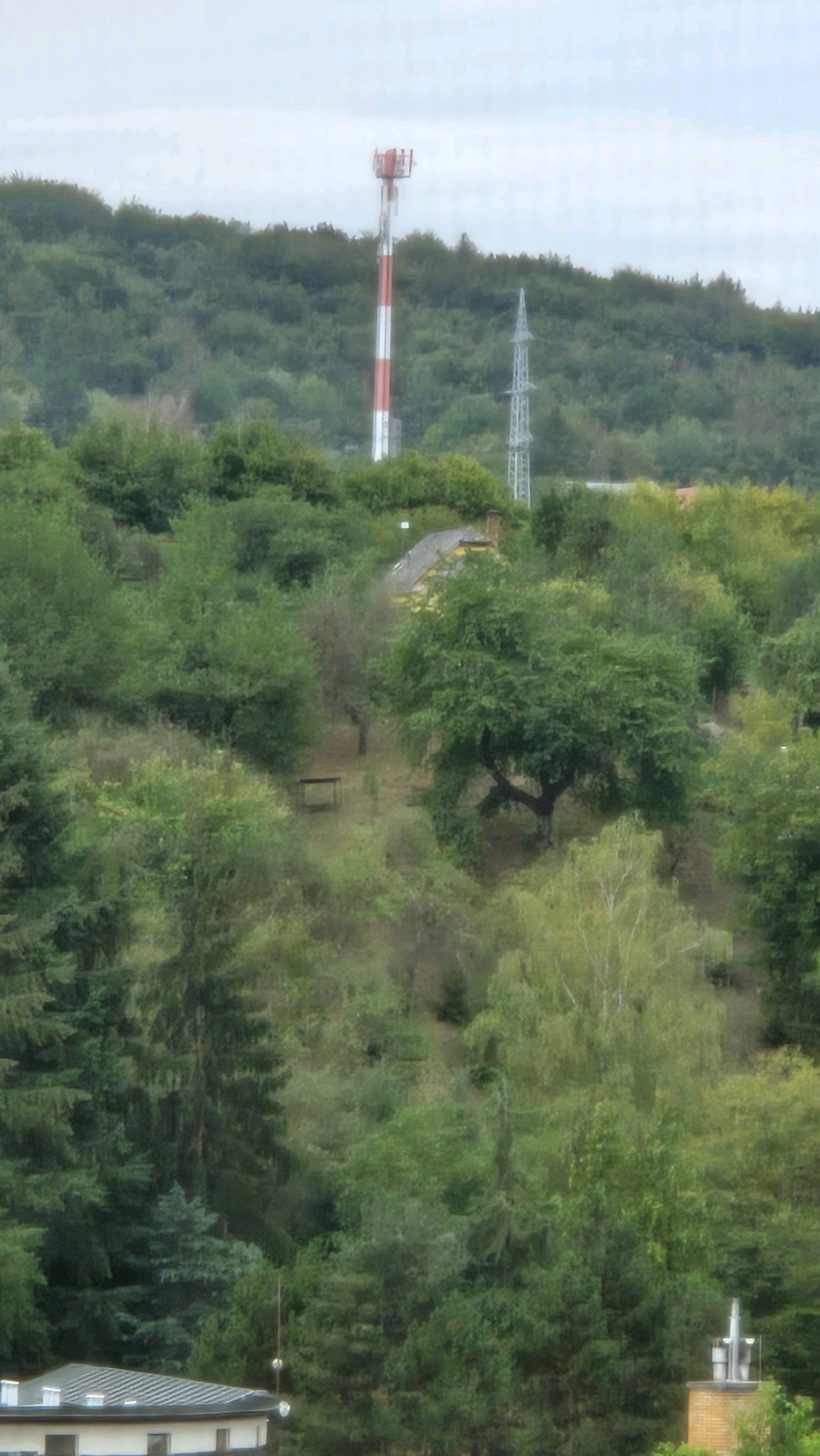 The image shows a hilly, wooded landscape with two communication towers visible on a ridge in the distance. The tower on the left is red and white striped, while the one on the right is a lattice structure. In the foreground, there are dense trees and foliage, with a small building visible at the bottom left, possibly a house or a commercial building. The sky is overcast. The scene appears to be a natural setting within or on the outskirts of a city, likely Prešov, Slovakia, given the context. There are no people or discernible actions taking place.