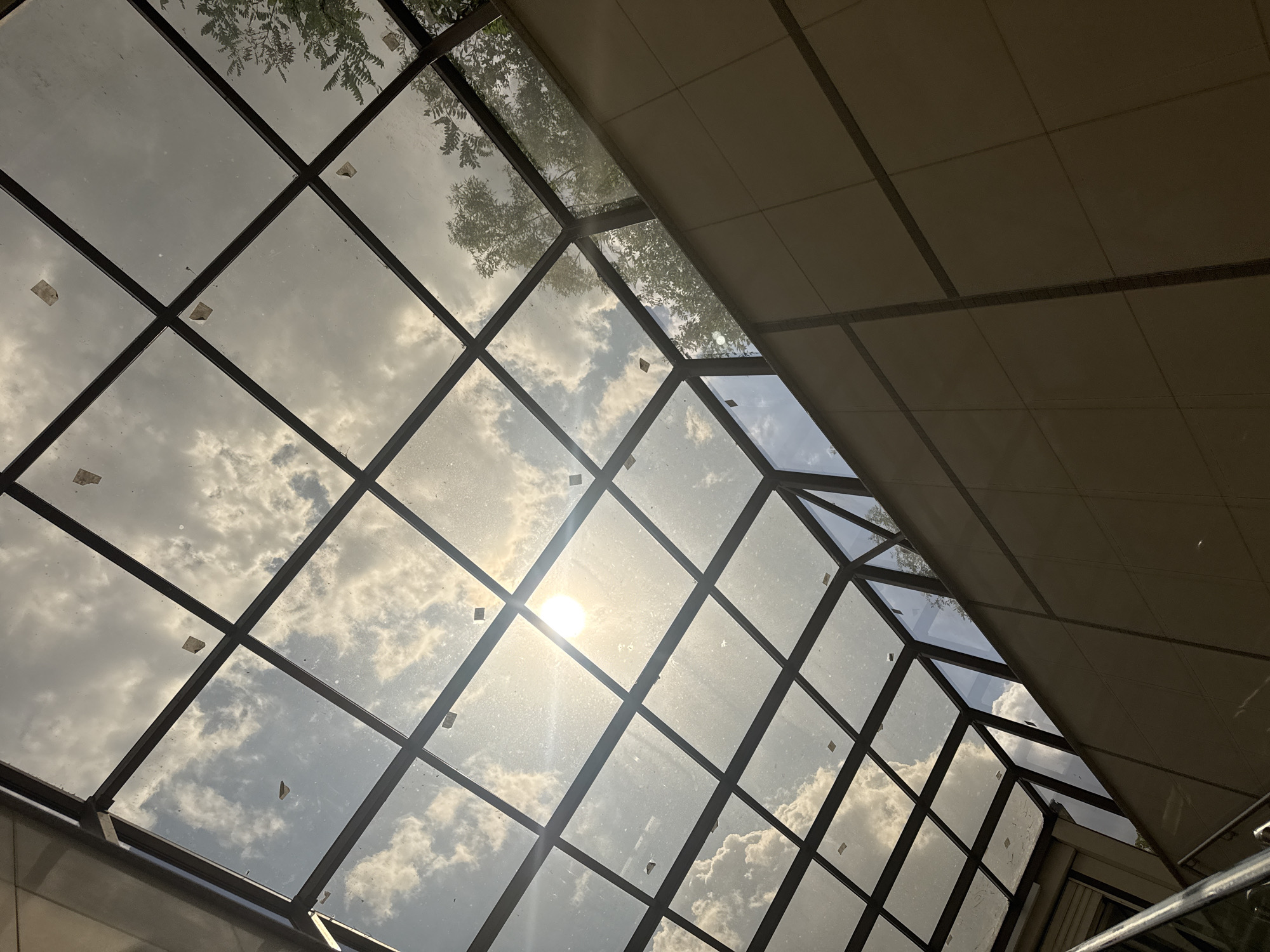The image is a low-angle shot looking up at a glass-paneled ceiling with a metal frame. The ceiling is covered in a grid of square and rectangular glass panels, some of which are dirty. Through the glass, the sky is visible with scattered white clouds and the sun shining brightly, casting rays of light downwards. Some trees and branches are also visible through the glass panels on the right side of the frame. Below the glass ceiling, the top of a beige tiled wall is visible, with dark lines separating the tiles. The scene appears to be an outdoor or semi-outdoor structure, possibly a covered walkway, atrium, or the roof of a building. The image was taken in Sofia, Bulgaria, although the specific location within Sofia is not discernible from the image alone. There are no people or animals present in the image.