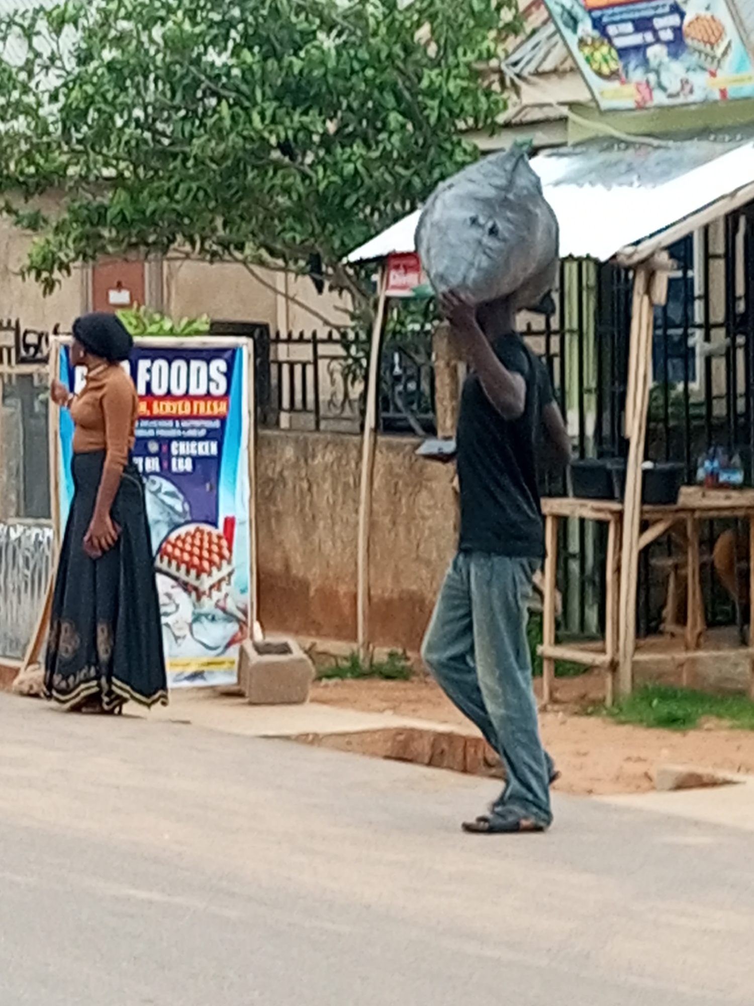 In Tempure, Nigeria, a person wearing a black headscarf, brown long-sleeved shirt, and a dark patterned skirt stands to the left of a food advertisement. The advertisement, a blue banner with white and red text, displays images of chicken and eggs. To the right, a person carrying a large, grey, irregularly shaped object on their head walks away from the camera. This individual is wearing a dark t-shirt and light blue trousers. They are walking on a paved surface next to a dirt path. Behind them, a building with a corrugated metal roof and wooden structures is visible. Lush green trees partially obscure the background.