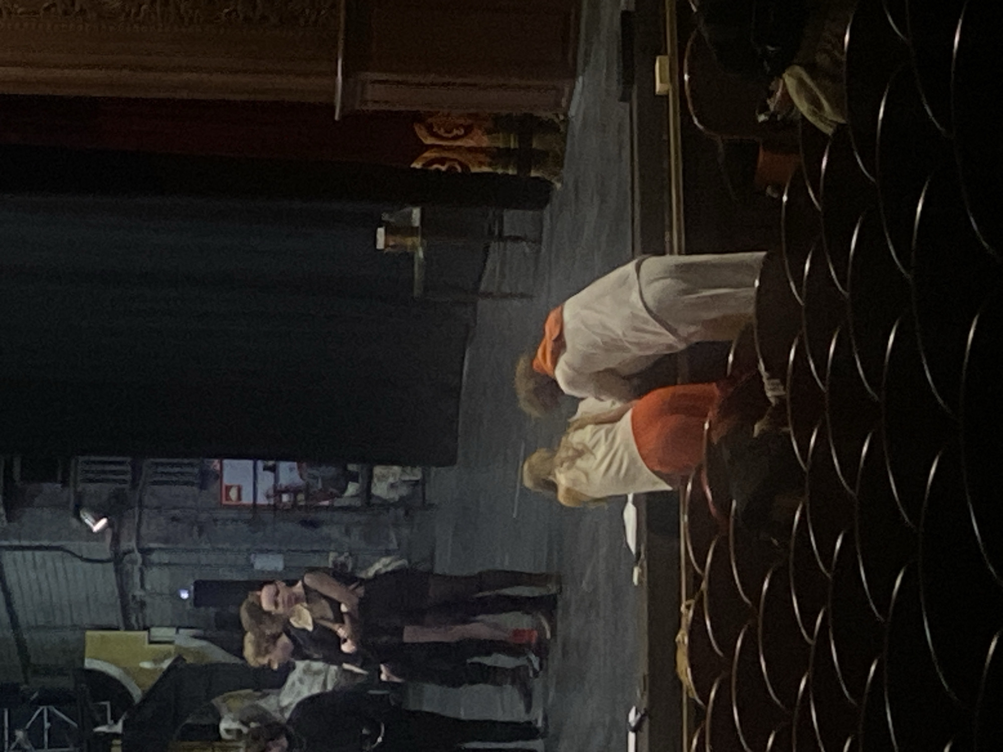 The image shows a scene in what appears to be a theater or performance venue in Шебунино, Russia. In the foreground, there is a partially visible ornate, dark metal railing.
In the middle ground, a group of people are visible, with two figures wearing costumes consisting of white and orange cloth. It appears that they may be interacting or performing together.
In the background, there is a structure or building that appears to be related to the stage. Other people can be seen in the background. A light fixture is on the wall. A billboard is affixed to the wall.