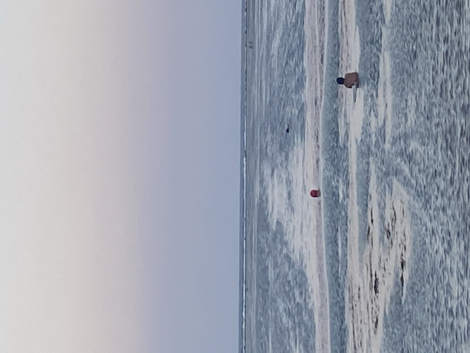 The image depicts a serene beach scene at twilight in Denpasar, Indonesia. The sky transitions from a pale pink near the horizon to a light blue overhead. The calm sea stretches out, with shallow, rippling water reflecting the soft light. In the distance, a thin line of white surf indicates a reef or sandbar.
Several individuals are visible in the water. On the right side of the frame, a person is partially submerged, facing away from the camera. Closer to the center, a red buoy stands out against the water. Further out, another person is visible, appearing to swim or wade. The presence of these individuals suggests a recreational activity, likely swimming or enjoying the calm evening waters. The beach itself is not prominently visible, with the focus being on the water and the expanse of the sea under the twilight sky.