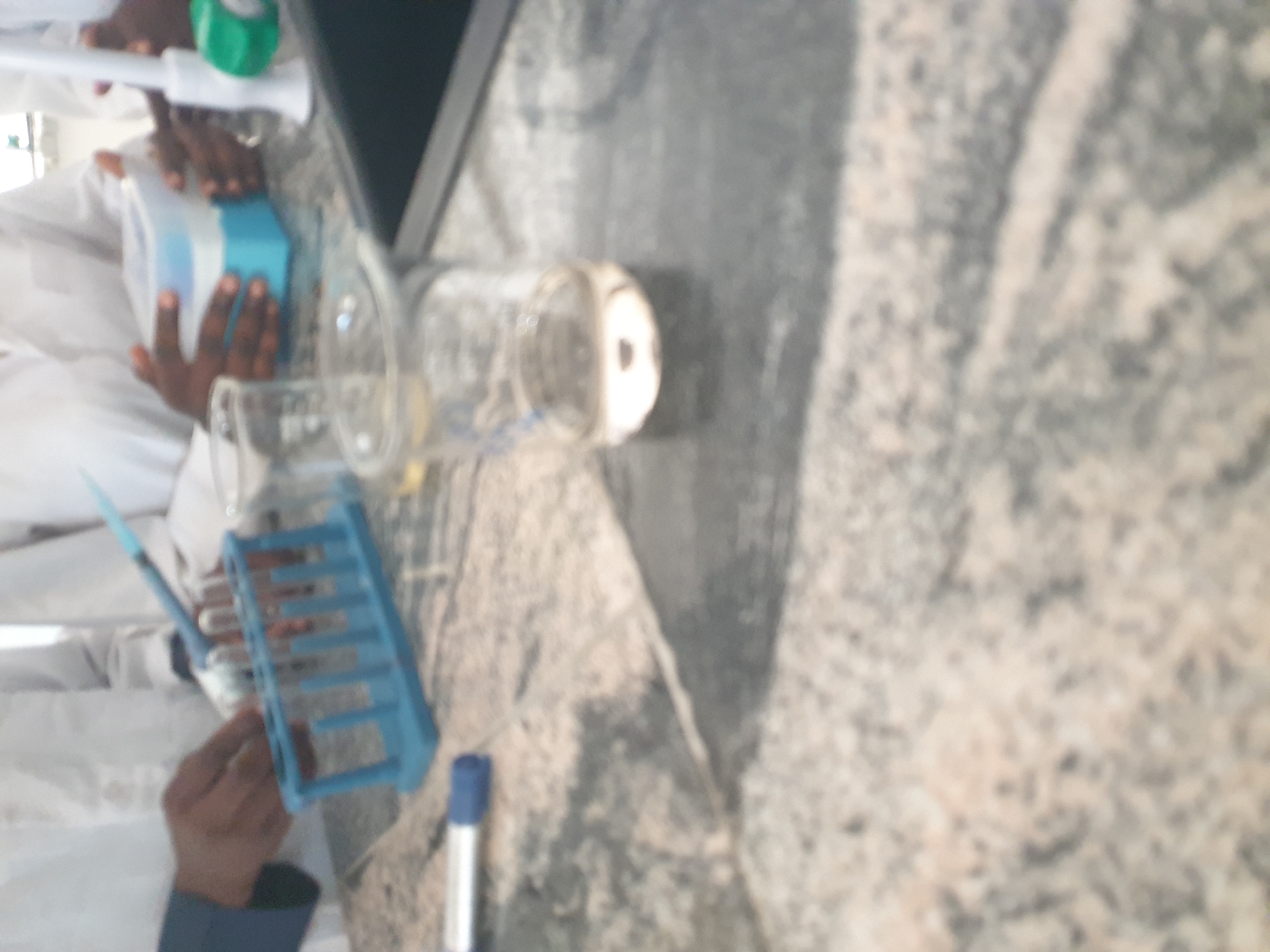 The image depicts a close-up, blurred view of a laboratory setting. The scene is likely indoors, on a countertop, possibly in a school or research facility in Jalingo, Nigeria. In the foreground, a blue test tube rack is visible, holding several test tubes. To the left, a person's hand, wearing a blue sleeve, is holding a pipette over the test tubes, suggesting an action of transferring liquid. Further to the right, another person's hands are holding a white and blue container, potentially for storing samples or reagents. A clear beaker with a small amount of liquid is also present on the counter. The overall impression is of a scientific experiment or procedure in progress. The environment appears to be a laboratory with standard equipment.