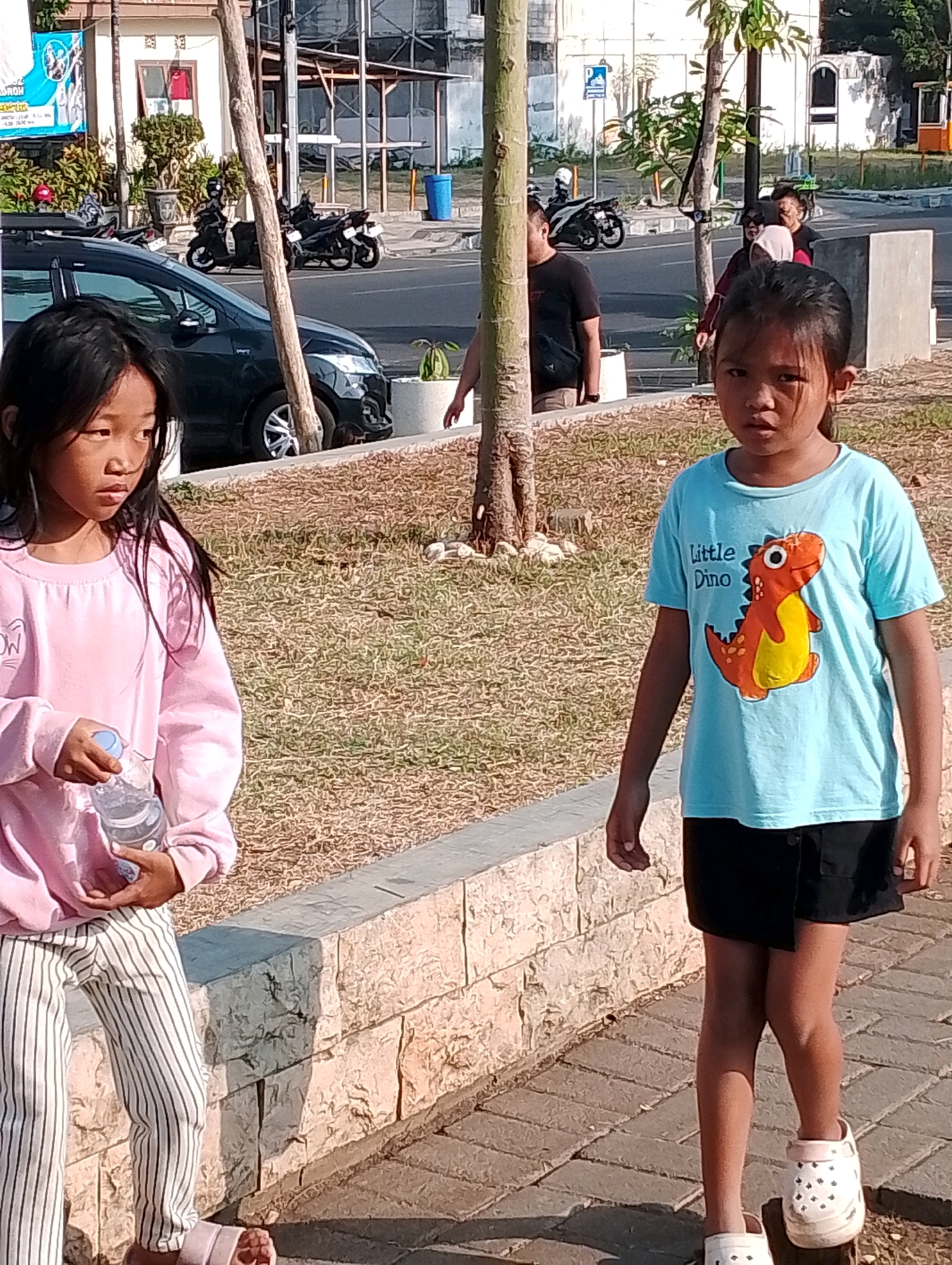 The image depicts two young girls walking on a paved sidewalk in Probolinggo, Indonesia. The girl on the left, wearing a pink sweatshirt and striped pants, holds a bottle of water. The girl on the right wears a light blue t-shirt with a dinosaur graphic and the text "Little Dino" and a black skirt. They are walking along a low stone wall with dry vegetation behind it. In the background, there are trees, parked motorcycles, a black car, buildings, and other people, suggesting a public area within the city.