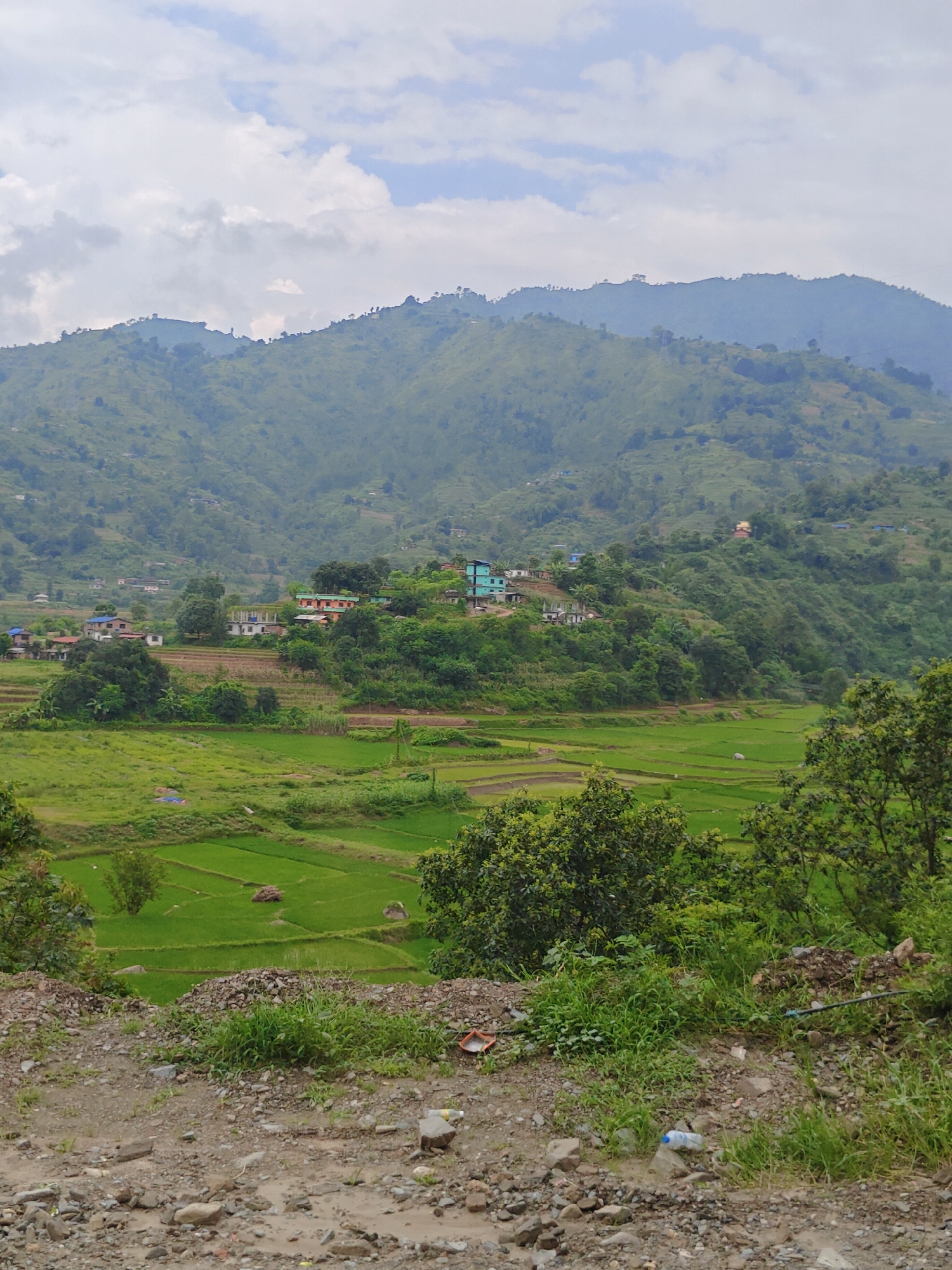 The image captures a scenic view of terraced rice fields and lush green hills in the city of Thakre, Nepal. In the foreground, a dirt path is visible, strewn with rocks and some scattered plastic bottles, suggesting it might be a rural roadside. The midground features vibrant green rice paddies, arranged in distinct terraces, with some areas appearing flooded and others dry, indicating ongoing agricultural activity. Scattered amidst the fields and on the slopes are several houses and buildings, varying in color and architectural style, with some featuring red and blue roofs. The background is dominated by rolling green hills covered in dense vegetation, receding into the distance under a cloudy sky. The overall impression is one of a tranquil, rural landscape in Nepal.