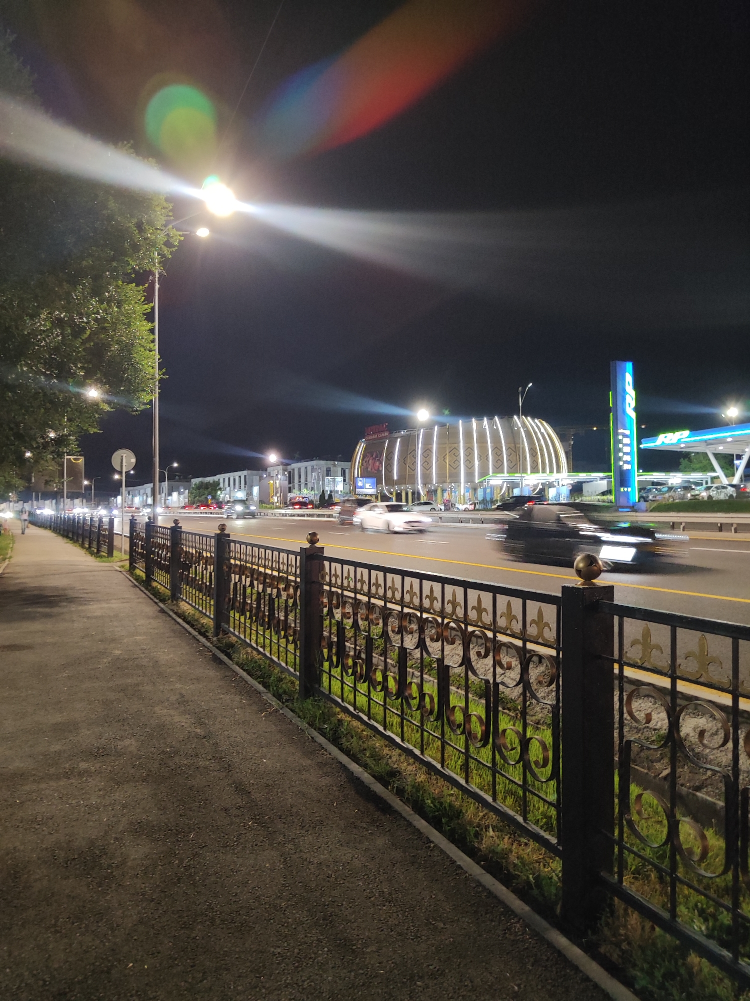A night-time, wide-angle, vertical shot captures a bustling city scene in Almaty, Kazakhstan. The foreground features a dark asphalt sidewalk, bordered by a black metal fence with ornate gold scrollwork. Beyond the fence, a multi-lane road is active with motion-blurred vehicles, indicating the time of day. On the far side of the road, a brightly lit, modern building with a domed roof, adorned with vertical white lights, is prominent. To its right, a tall, blue and green RP gas station sign stands out against the dark sky. The sky is dark, with distinct light flares and chromatic aberration from the streetlights and building illumination. A large tree with green foliage partially obscures the left side of the frame, with a street lamp casting a bright white light and creating colorful lens flares. Several other street lamps are visible along the sidewalk and road. The scene depicts a vibrant urban environment at night, with active traffic and illuminated commercial establishments.