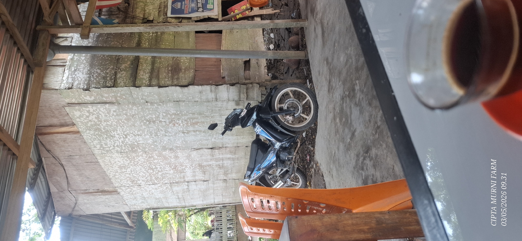 The image shows a black motorcycle parked on a concrete surface, next to a wooden building with a galvanized steel roof. An orange plastic chair is in the foreground, and a glass of dark liquid sits on a grey surface in the foreground right. A sign is visible on the building, reading "CIPTA MURNI FARM 03/05/2026 09.31." The motorcycle appears to be in Pulodolang, Indonesia.