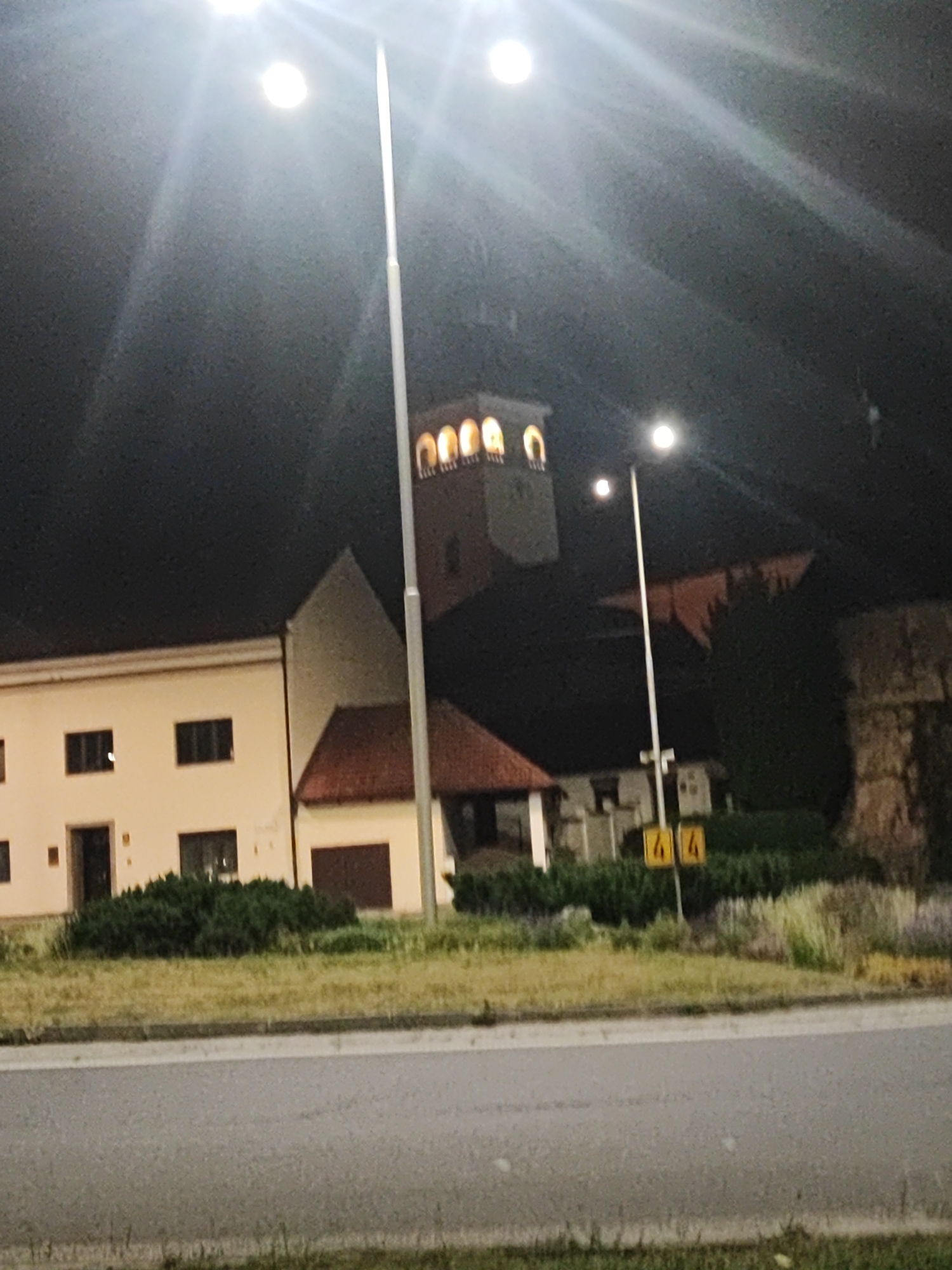 The image, captured at night in Nový Jičín, Czechia, shows a street scene. Two bright streetlights illuminate the foreground and midground, with strong lens flares obscuring parts of the sky. To the left, a cream-colored building with dark-framed windows and a dark door is visible. Adjacent to it is a smaller building with a reddish-brown tiled roof. Further back, a tower with arched windows emitting a warm light stands out. A streetlight with two illuminated bulbs is positioned in front of this tower. Yellow traffic signs displaying the number "44" are mounted on a pole in the midground, surrounded by lush green bushes and dry grass. A paved road occupies the bottom of the image, bordered by a strip of grass and foliage. The overall impression is one of an urban environment at night, with man-made structures and street lighting dominating the scene.