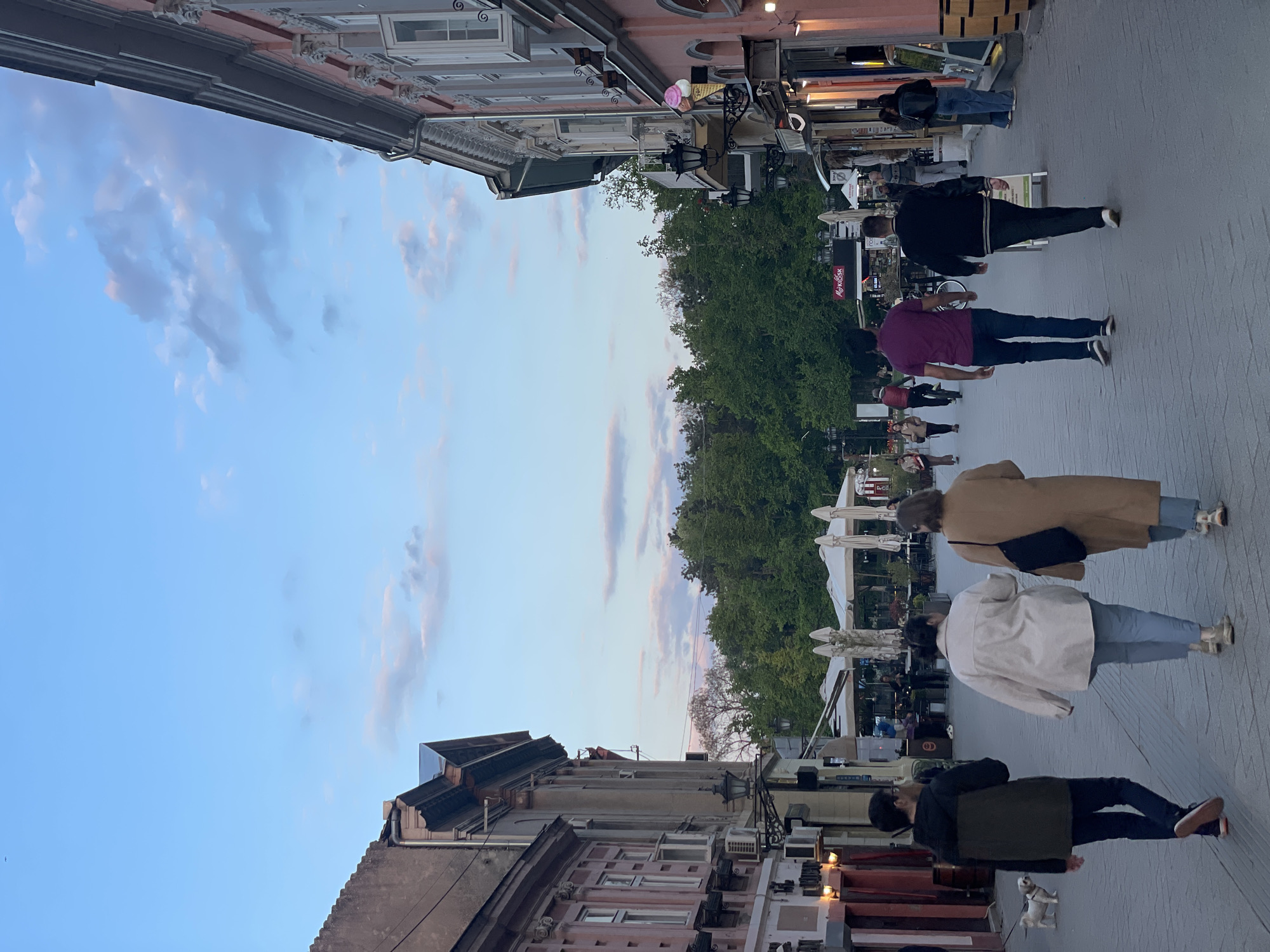 The image shows a street scene in Novi Sad, Serbia, at dusk or dawn. The camera is positioned on a sidewalk, looking down a pedestrian thoroughfare lined with buildings on either side. The sky is visible above the buildings, displaying a gradient of blue and pink hues.
People are walking along the sidewalk, their forms slightly blurred due to motion. Trees line the central part of the walkway, suggesting a park or green space running along the street. White parasols indicate outdoor seating areas for cafes or restaurants.
The architecture features a mix of building styles, with older structures adorned with ornate details and newer constructions with more modern lines. Street lamps are visible along the route.
