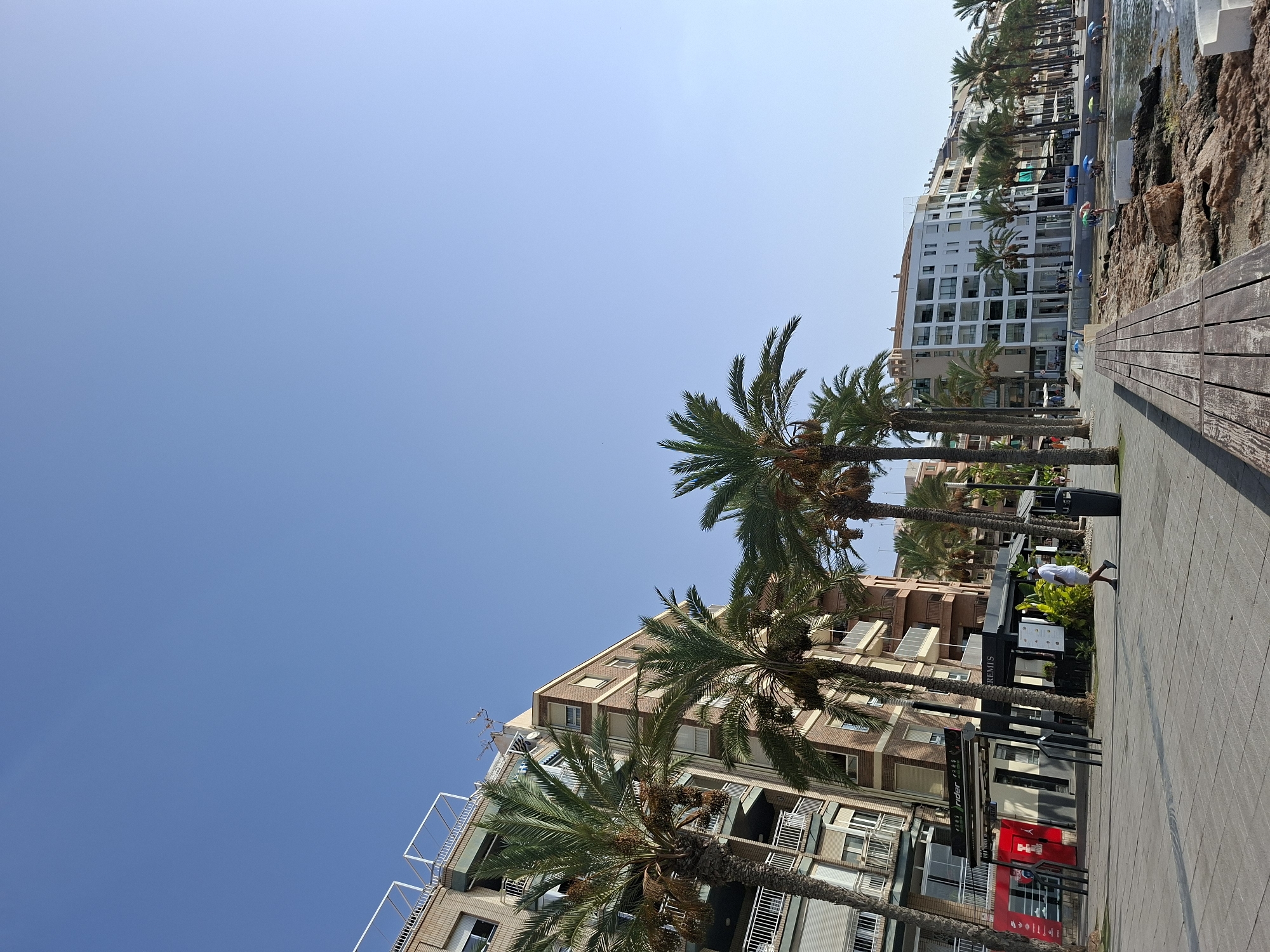 The image captures a view of the promenade in Torrevieja, Spain, on a clear, sunny day. In the foreground, a wooden walkway runs parallel to the shore, which is lined with rocks and the sea. Beyond the walkway, a paved promenade is visible, with several palm trees lining the left side.
To the left of the promenade, a row of multi-story buildings stands, featuring balconies and large windows. Some of these buildings appear to be apartments or hotels, with a ground-floor retail space that includes a red storefront and a café with outdoor seating. A single individual, dressed in white shorts and a white shirt, walks away from the viewer on the promenade, heading towards the buildings. Further down the promenade, more buildings and palm trees are visible, stretching into the distance.
On the right side of the image, beyond the rocky shore, the sea is calm, with a few small boats moored near the water's edge. Several beach umbrellas and people are scattered along the shoreline, suggesting a relaxed atmosphere. The sky is a bright, clear blue, with no clouds visible. The overall scene conveys a sense of a typical Mediterranean seaside resort on a pleasant day.