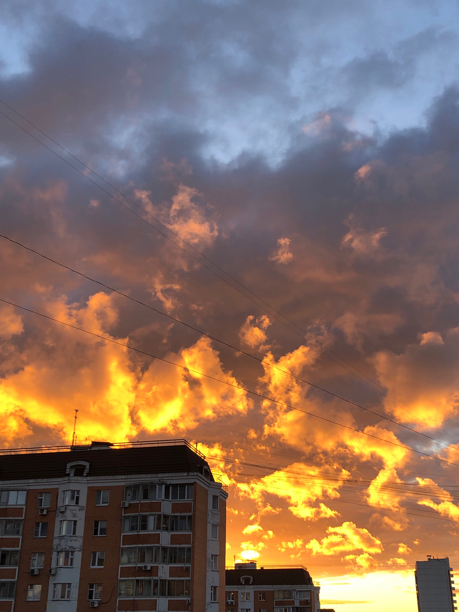 This is a vertical, eye-level, medium-wide shot of a sunset over buildings in Khimki, Russia. The sky is filled with dramatic clouds illuminated by the setting sun, creating vibrant shades of orange, yellow, and gray. Power lines crisscross the frame, obscuring parts of the sky. In the foreground, the tops of several apartment buildings are visible, characterized by brick facades, white window frames, and dark roofs. The image captures a typical urban evening scene, with the striking natural phenomenon of a sunset contrasted against the man-made structures.