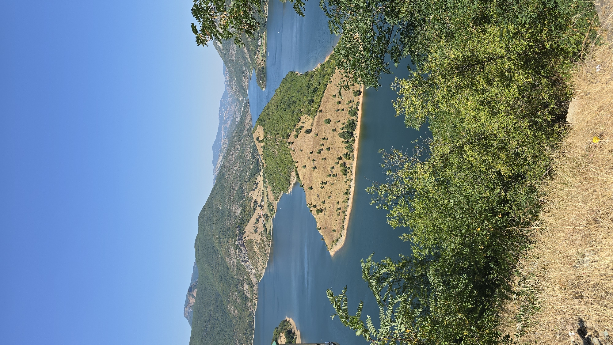 An aerial view captures a serene landscape featuring a wide, deep blue lake with a prominent, elongated island covered in dry, golden grass and scattered green trees. The island's shape is reminiscent of a serpent or a long, narrow peninsula. Rolling hills, densely covered in lush green vegetation, form the backdrop, receding into the distance and meeting a clear, bright blue sky. The sunlight casts shadows, indicating a bright, sunny day. The foreground is partially obscured by the branches and foliage of trees, adding depth and framing the scene. The location is identified as the Tsankov Kamak dam on the Arda River, near the village of Star Chitak, Bulgaria, a popular tourist destination known for its stunning natural beauty and recreational activities.