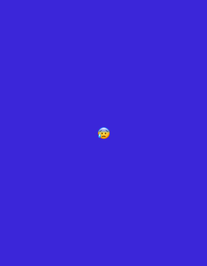 The image presents a uniformly opaque royal blue background, devoid of any discernible features or textures. Centrally positioned within this monochromatic field is a single digital graphic: an emoji. The emoji depicts a circular yellow face with arched, downturned brown eyebrows and a slightly agape mouth, conveying an expression of anxiety or stress. A singular, light blue teardrop-shaped graphic element is situated on the forehead of the emoji, indicative of perspiration. There are no other subjects, objects, people, or environmental details visible to provide contextual information about a physical location.