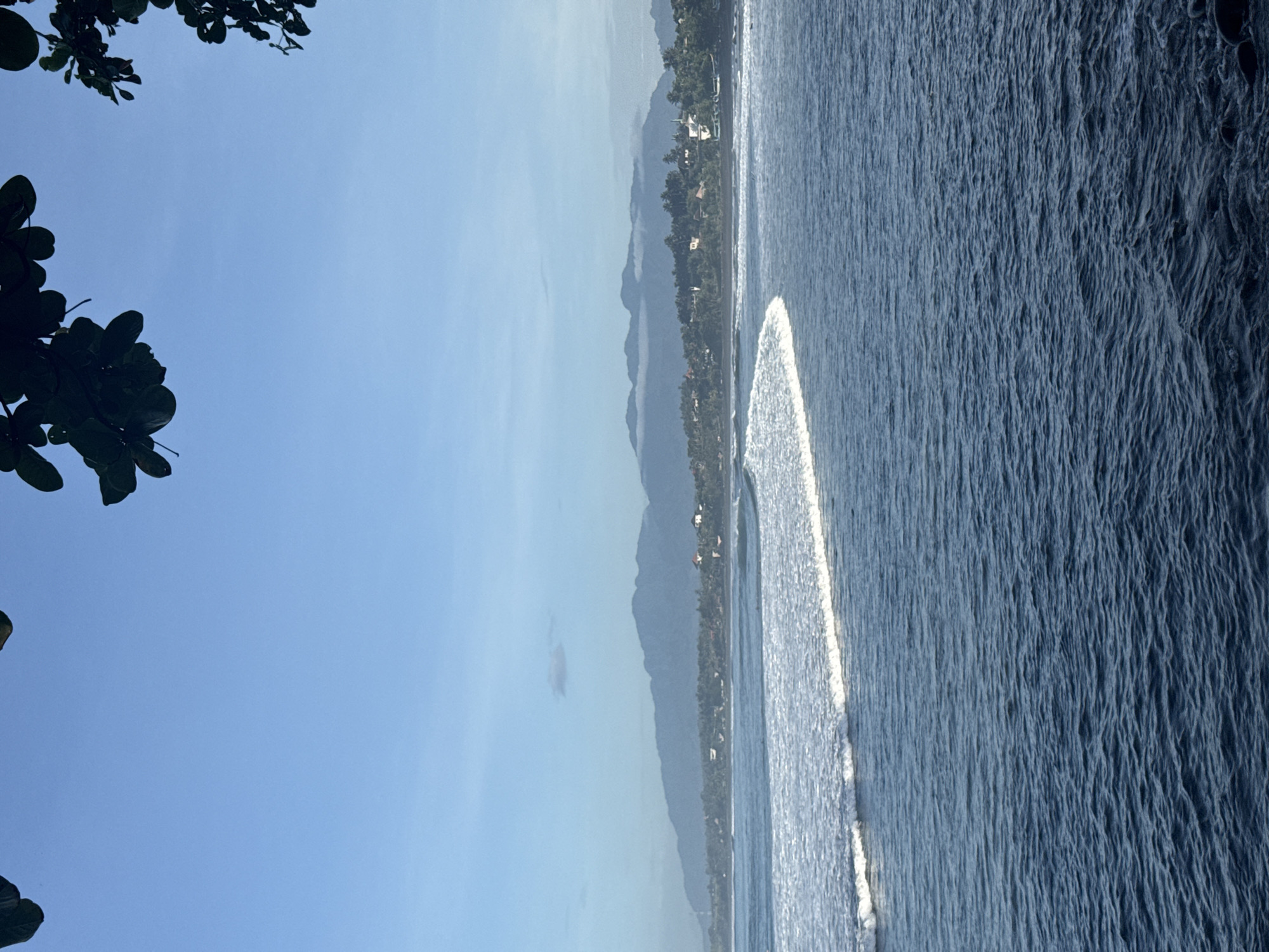 The image shows an ocean view with waves breaking near the shore, a coastline with vegetation and some buildings, and hills or mountains in the background. The sky is clear blue, and there is some foliage in the upper left corner of the frame. The location is unknown.