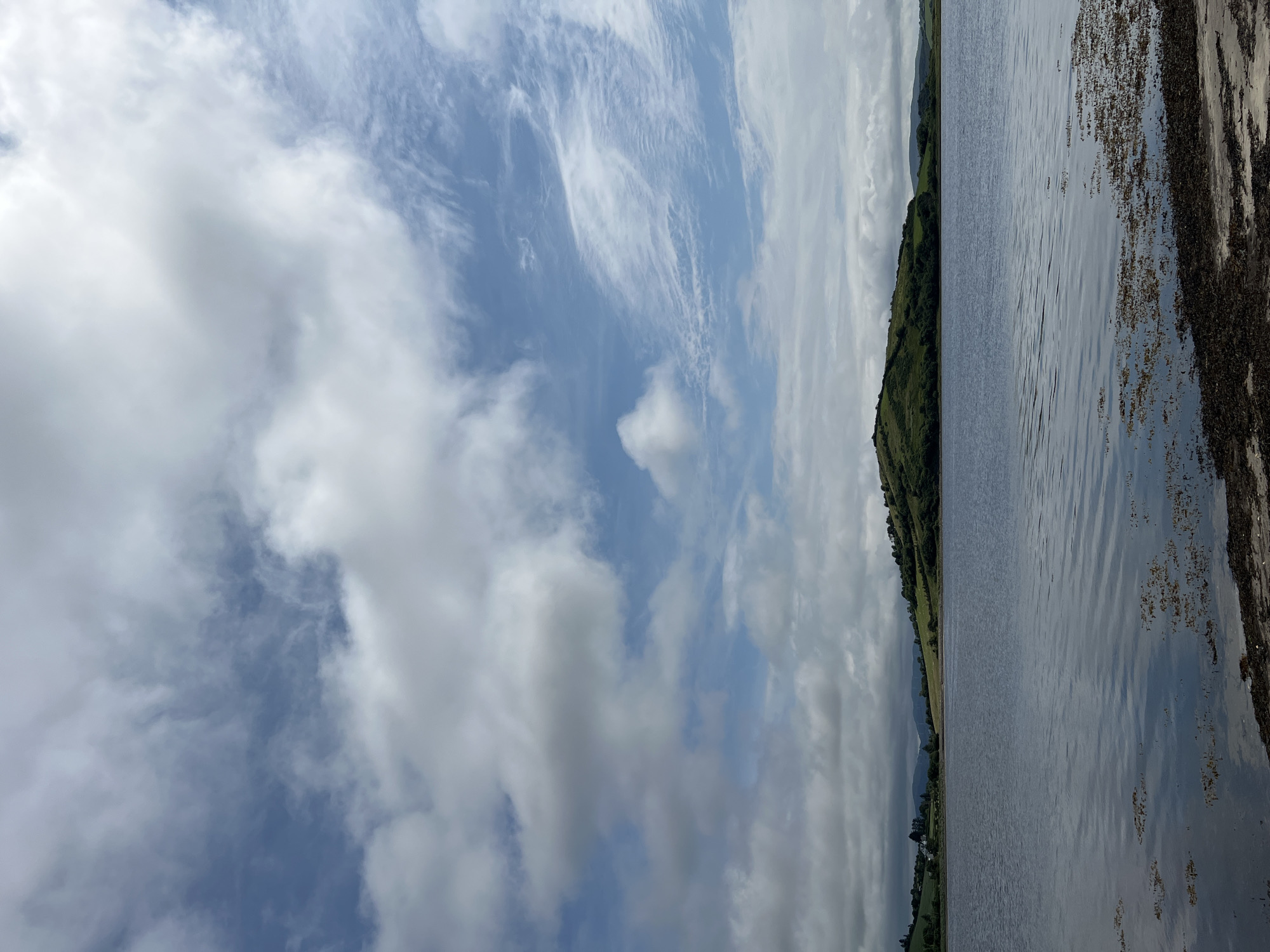 The image shows a serene natural landscape, likely a body of water such as a lake or bay, with a hilly, tree-lined shore in the background under a partly cloudy sky. The foreground consists of the water's surface with gentle ripples and some submerged vegetation or debris near the shore, which appears to be a mix of sand and darker material. The sky is a prominent feature, with a dynamic mix of white and grey clouds against a pale blue backdrop. The land on the far side of the water is a rolling green hill covered in vegetation, with a few trees dotting the landscape and hints of distant hills or mountains. The scene evokes a sense of tranquility and natural beauty. The question mentions Dunuisce, Ireland; if this location is indeed Dunuisce, then the image captures a characteristic view of its natural surroundings, possibly a coastal area or a large inland lake within or near the city. There are no people, buildings, or vehicles visible in this particular image.