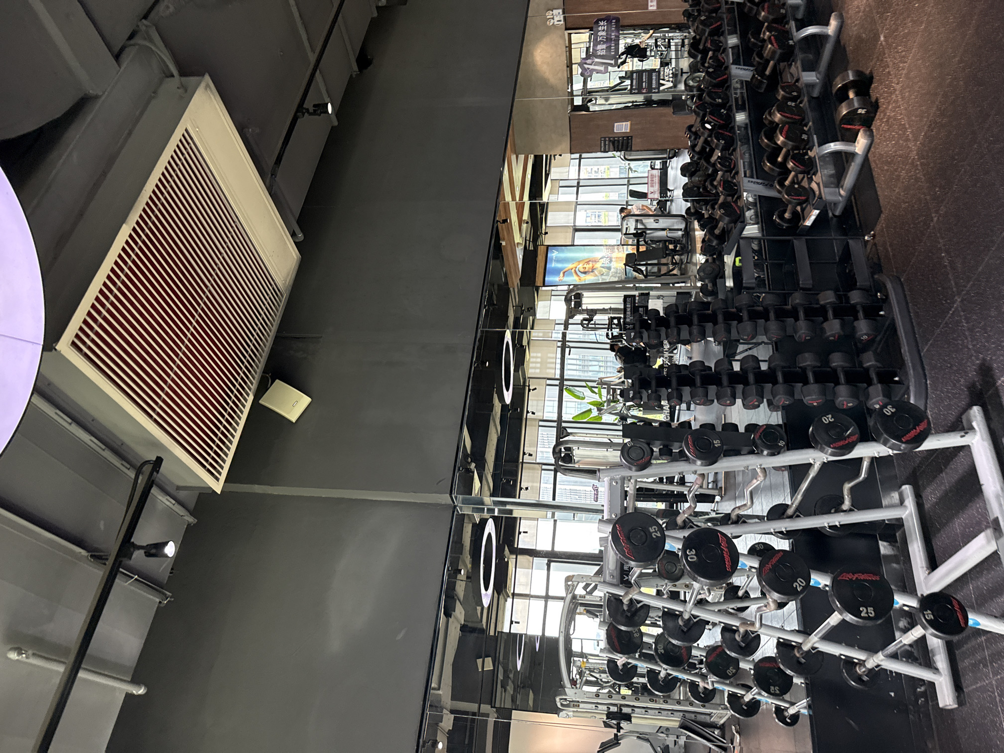 This is a wide-angle, eye-level shot of the interior of a modern gym in Haizhu District, China. The space is characterized by dark gray walls and a black ceiling with exposed conduits and a large, white, rectangular ventilation unit with red fins. A prominent feature is a floor-to-ceiling mirrored wall on the left, reflecting the gym equipment and the room's layout.
The foreground is dominated by racks of dumbbells. To the left, a vertical rack holds numerous pairs of dumbbells. Further to the right, horizontal racks display more dumbbells. Behind these, a rack of weight plates for barbells is visible, with some plates showing red "LIFE FITNESS" branding and weights in kilograms, such as 20kg, 25kg, and 30kg. A few barbells are also present.
In the middle ground, a variety of weight machines are present, including a multi-station machine with pulleys on the left. In the reflection of the mirrored wall, other gym equipment and people are visible. One person is seen operating a weight machine, and another is walking in the background. A poster with an image of a woman is displayed on the wall, reflecting in the mirror.
The background shows large windows with blinds, suggesting an urban setting. The lighting is a mix of overhead track lighting and the natural light coming through the windows. The floor is black rubberized gym flooring. The overall impression is a well-equipped and contemporary fitness facility.