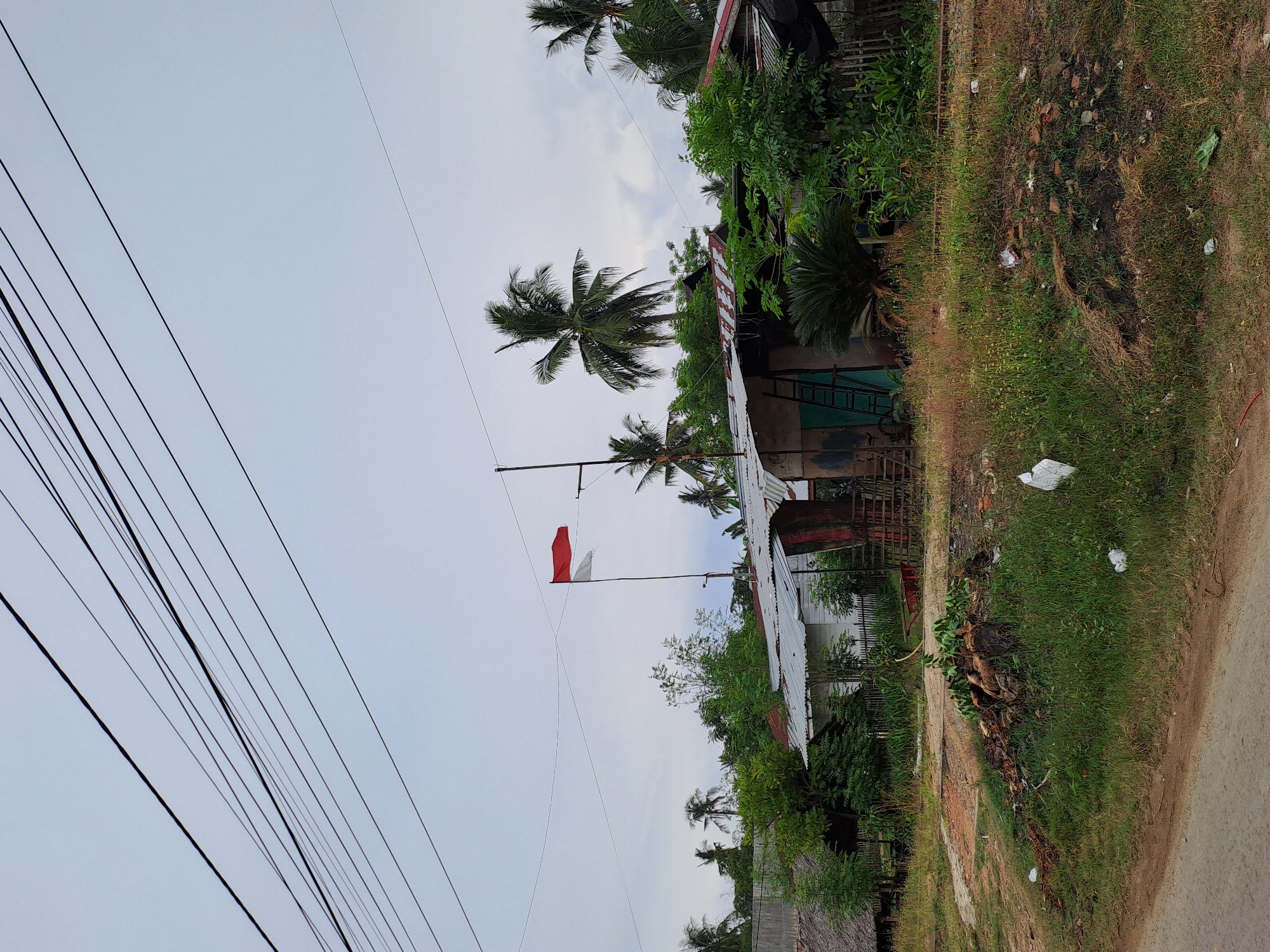 The image depicts a residential scene in the village of Geulumpangsulu Timu, Indonesia, under an overcast sky. In the foreground, a dirt road curves to the left, bordered by overgrown grass and a pile of debris, including tree stumps, leaves, and scattered white plastic waste.
Dominating the midground is a cluster of modest buildings with corrugated metal roofs. One building is painted white, while others appear to be constructed with various materials, including what looks like a thatched roof on a structure to the far left. An Indonesian flag, red and white, is raised on a tall, slender pole between two of the buildings. Tropical vegetation, including palm trees and dense green bushes, surrounds the structures, partially obscuring them. A ladder is propped against one of the buildings.
In the background, more palm trees and various foliage are visible against the hazy sky. Overhead, a network of thick black electrical wires stretches across the frame, intersecting the sky and the scene below. The overall impression is one of a rural, lived-in environment. There are no people visible in the image.