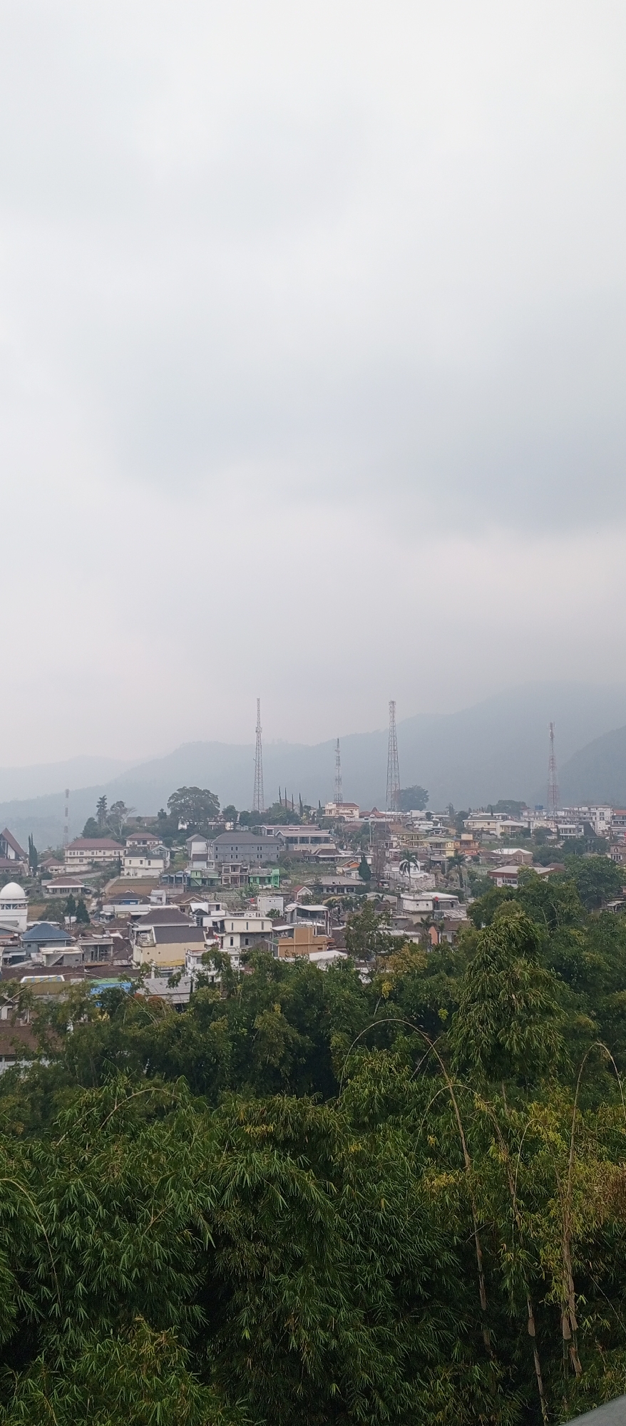 This is a high-angle shot of a dense, misty town in Sarangan, Indonesia. The foreground is dominated by lush green bamboo trees, some with tall, arching stalks. In the middle ground, a cluster of buildings, likely houses and some commercial structures, are visible, nestled on a hillside. Several radio or communication towers are strategically placed throughout the town, rising above the rooftops. The background features rolling hills shrouded in a light fog, obscuring the full extent of the landscape. The sky is overcast and a uniform light gray, contributing to the overall muted and atmospheric quality of the scene. There are no people or animals visible in the frame.
