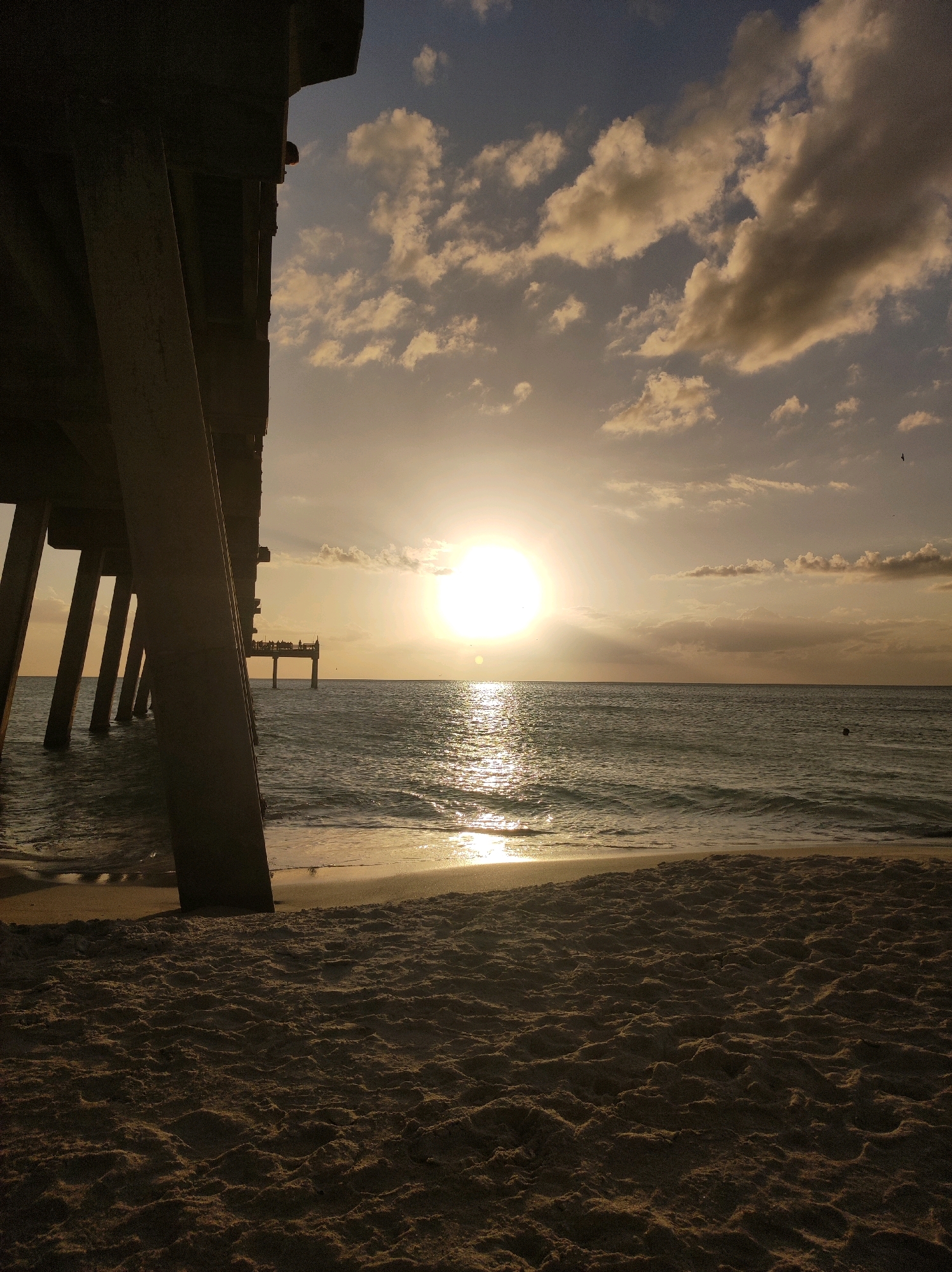 This image captures a sunset at Venice Beach, located in Venice, Florida, United States of America. The perspective is from the sandy shore, looking towards the ocean and a pier in the distance. The sun, a bright disc, is positioned in the upper right quadrant of the frame, casting a golden reflection across the water. Dark, imposing pillars of a pier occupy the left side of the image, creating a silhouette against the lighter sky. The ocean exhibits gentle waves lapping at the shore, and the sand in the foreground is textured with footprints and ripples. Clouds are scattered across the sky, tinged with the warm hues of the setting sun. In the far distance, figures are visible on the pier, and a small dark object, possibly a buoy or a distant person in the water, can be seen in the ocean. A lone bird is depicted in flight in the upper right portion of the sky.