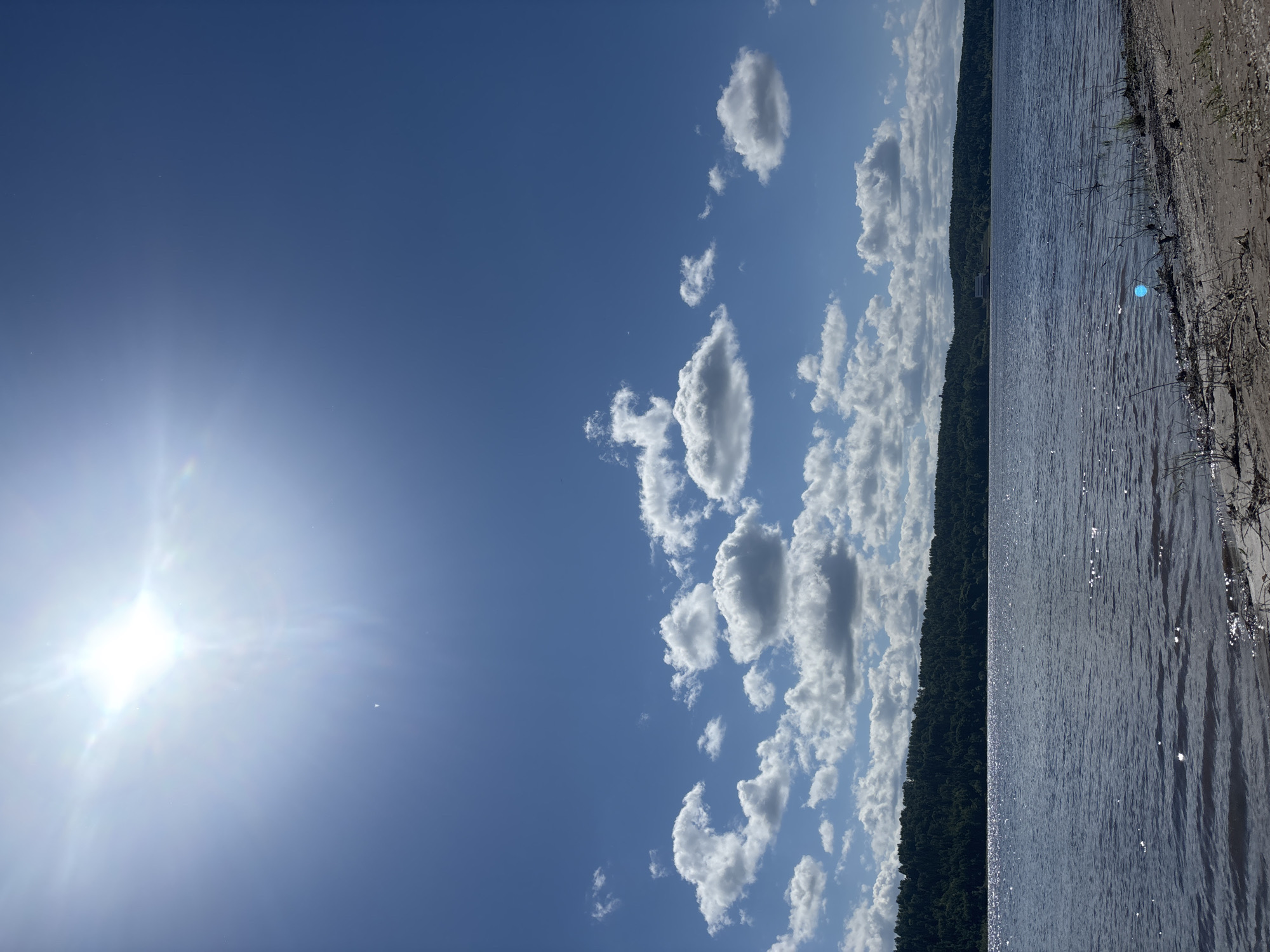 The image depicts a serene natural landscape, likely near or within Ol'khovskoye, Russia. A bright sun shines in the upper left corner of a clear blue sky, casting a lens flare and illuminating a scattering of fluffy white clouds. Below the sky, a wide expanse of water, possibly a lake or river, reflects the sunlight, creating shimmering highlights. Along the far bank of the water, a dense, dark green forest stretches across the horizon, indicating a heavily wooded area. The foreground shows a sandy or pebbly shoreline with dry branches and sparse vegetation. There are no people or animals visible in the frame.