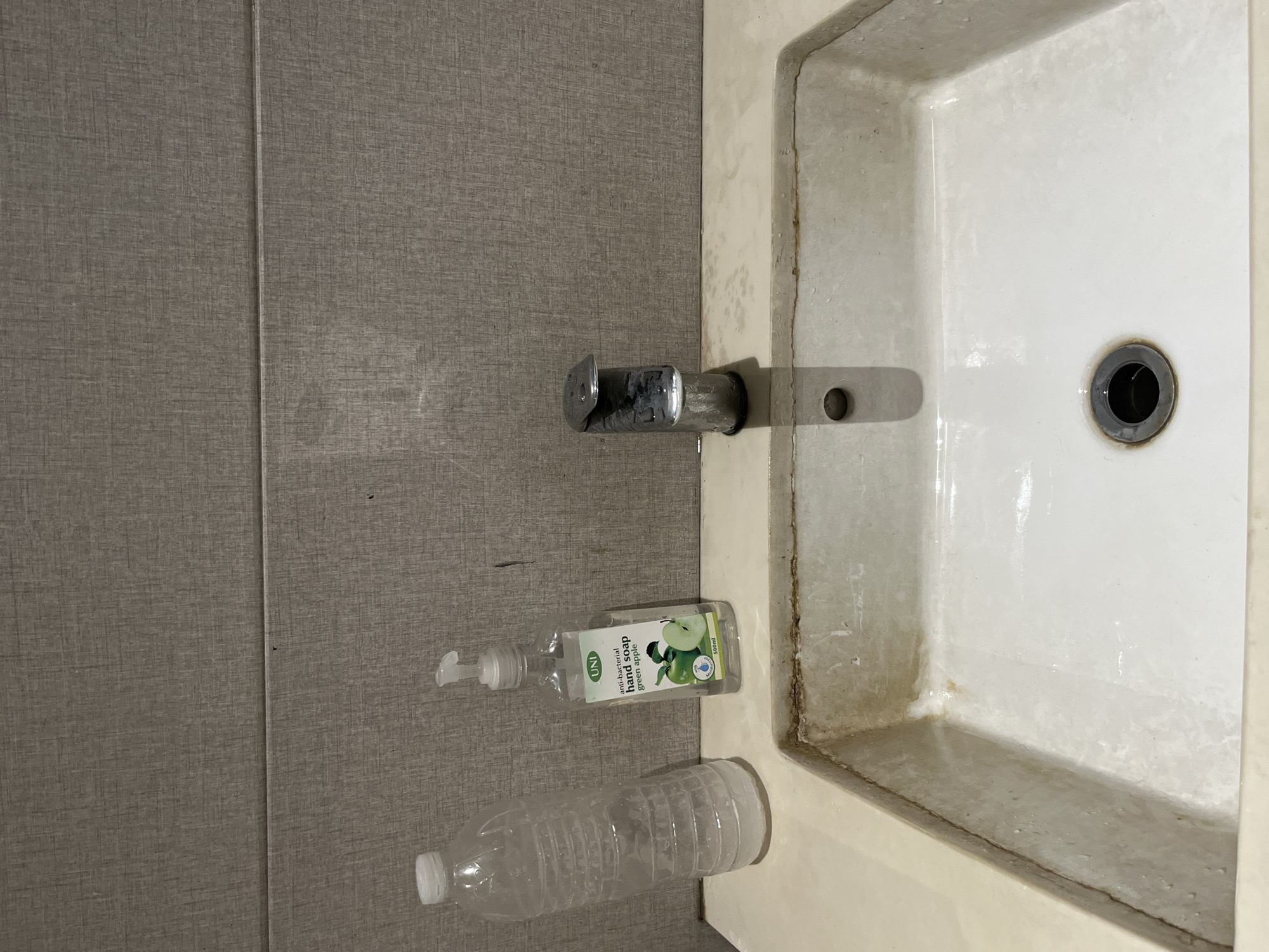 This image captures a close-up view of a sink area, likely in a bathroom or washroom, within Davao City, Philippines. The central subject is a white sink basin, characterized by visible wear, water stains, and reddish-brown discoloration along its edges and around the faucet. The chrome faucet itself shows signs of tarnish or mineral buildup.
To the left of the sink, resting on a textured, grayish-brown wall or counter surface, are two objects. An empty, clear plastic water bottle lies horizontally. Above it stands a clear plastic pump bottle of hand soap. The label on this bottle is clearly legible, indicating "UNI anti-bacterial hand soap green apple 250ml." Smaller text on the label also mentions "Made with natural ingredients" and "Moisturising," alongside a circular logo for "natural extract."
The scene is static, with no human subjects or ongoing activity. The lighting suggests an indoor setting. The condition of the sink and faucet points to a functional space that has seen considerable use.