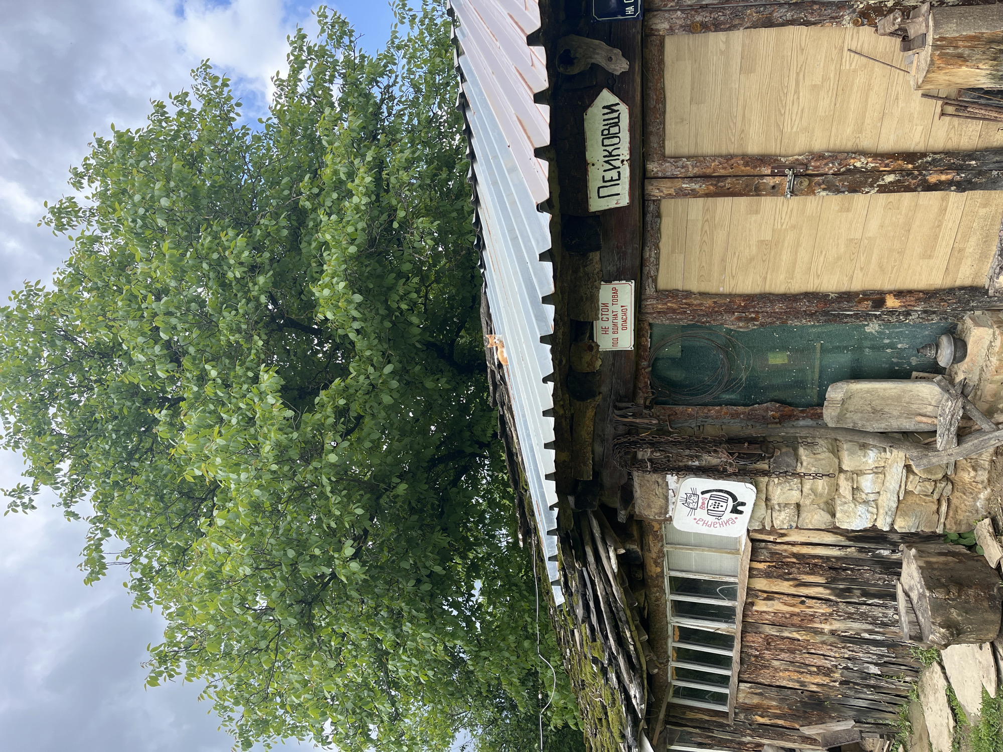 The image shows the exterior of a weathered, rustic building in Shopite, Bulgaria. A large, leafy tree dominates the left side of the frame. The building features a corrugated metal roof. The walls are constructed from a mix of materials, including wood planks, stone, and patched sections. Some wooden elements appear aged and covered with moss. One door is visible with what appears to be light wood paneling. The entrance includes several signs in Cyrillic script and one painted sign with cats. The overall impression is of an old, somewhat dilapidated structure.