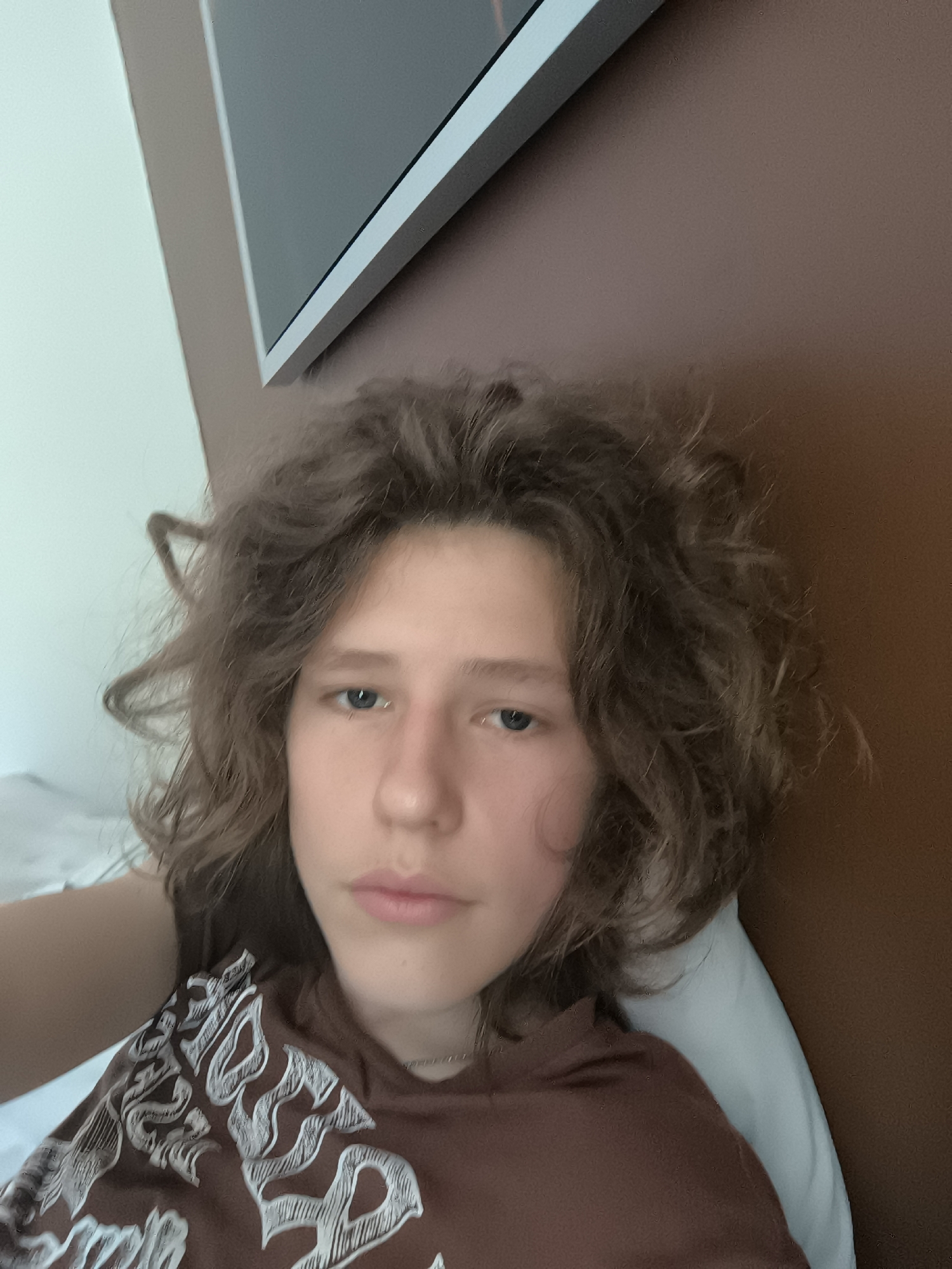 A selfie of a young person with brown, wavy hair, blue eyes, and fair skin. They are wearing a brown t-shirt with a white design. The background is a beige wall with a framed picture and a white pillow. It is not possible to determine the location in Pélussin, France from the provided image.