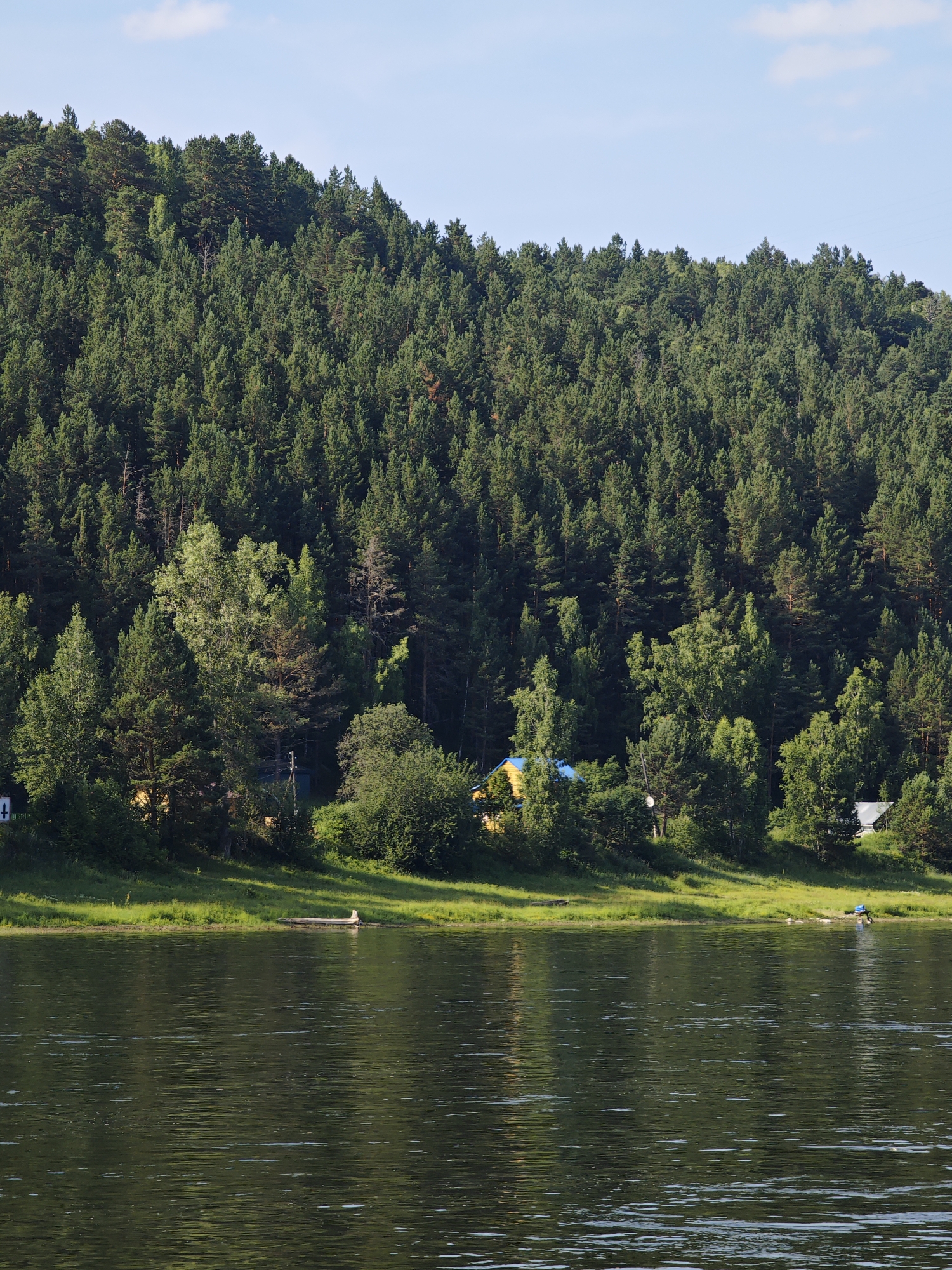 A wide, dark green river flows in the foreground, reflecting the dappled sunlight and the lush green forest on the opposite bank. A narrow strip of green grass and trees separates the river from the dense forest that covers a steep hillside. A few small houses with brightly colored roofs are partially visible nestled among the trees on the embankment. A long, narrow boat is pulled up onto the grassy shore. The sky is a clear, pale blue with a few wispy white clouds. The scene appears to be a remote, natural landscape, likely a rural area near Pristan', Russia, characterized by its abundant greenery and water.