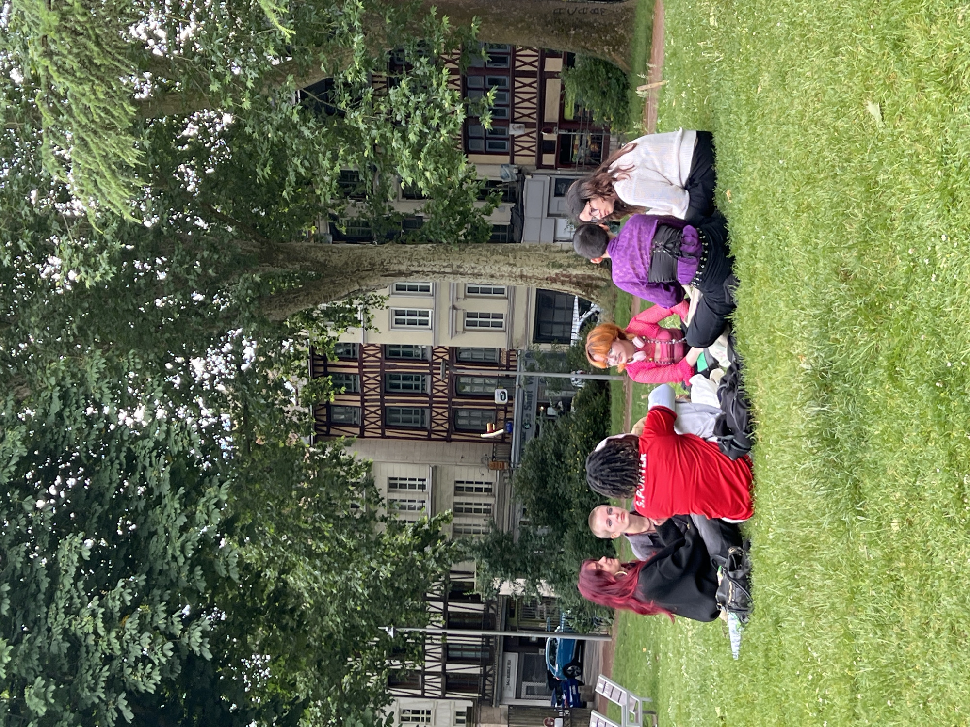 Six individuals are seated in a circular formation on lush green grass, indicative of a park or public square in Rouen, France. The architecture in the background features multi-story buildings, some with distinctive half-timbered facades and others with light-colored plaster, consistent with the historical city center of Rouen.
From left to right:
1. A person with long, bright red hair, wearing a dark long-sleeved top and dark trousers. A black handbag rests on the grass beside them.
2. A person with very short, light blonde hair (buzzed), wearing a light-colored top.
3. A person with dark dreadlocks or braids, facing away from the camera, wearing a red t-shirt with "S. PORTER" printed in white on the back, and white trousers. A black backpack or bag is on the grass behind them.
4. A person with short, dark hair, facing away from the camera, wearing a purple long-sleeved shirt with a black corset-style garment over it, and dark trousers.
5. A person with long dark brown hair and glasses, wearing a light cream-colored long-sleeved top and dark trousers. They are looking towards the center of the circle.
6. A person with short, bright orange hair and bangs, wearing a pink long-sleeved jacket or top with decorative elements, and light-colored headphones around their neck.
The group appears to be engaged in a conversation. The grass is well-maintained with small white flowers scattered throughout. Several large, mature trees with dense green foliage dominate the upper half of the image, obscuring much of the sky. In the background, beyond the trees, streetlights are visible, as well as parked vehicles including a blue SUV on the left. The lighting is diffused, suggesting an overcast day.