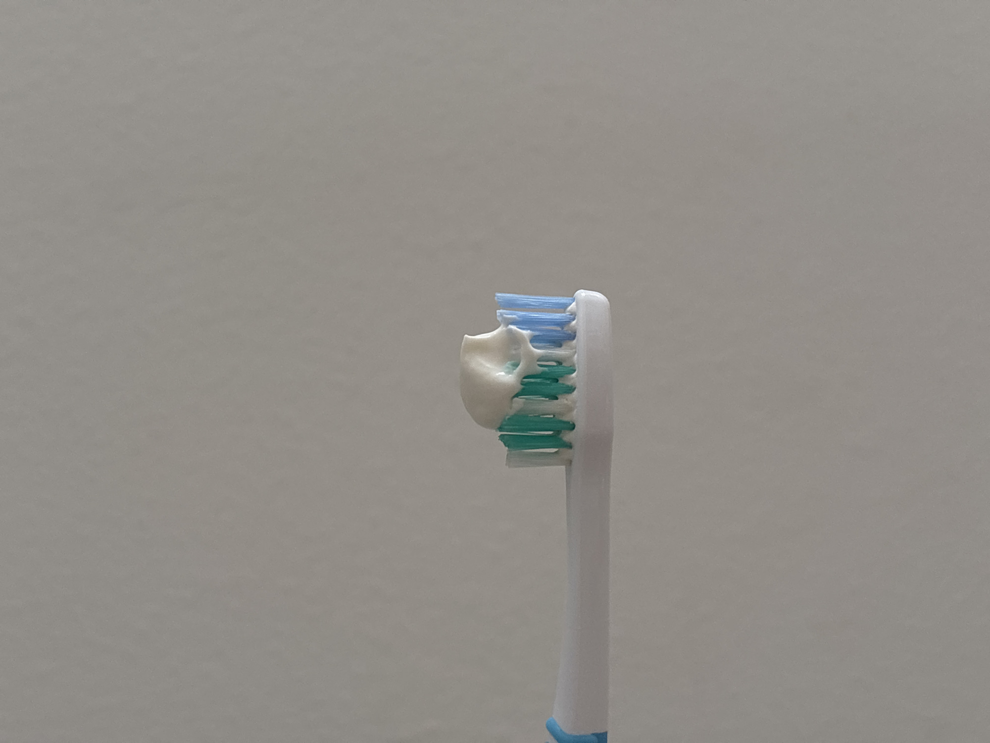 A close-up, horizontal shot shows a white toothbrush with a blue and green head against a plain, neutral background. Toothpaste, a pale, creamy white substance, is applied to the bristles, some of which appear to be slightly splayed. The toothpaste has a somewhat amorphous shape, with a few drips extending down the bristles. The toothbrush handle is white with a blue accent on the neck. The image does not contain any identifiable landmarks or context that would allow for its location to be determined within Orihuela, Spain, or any other city.