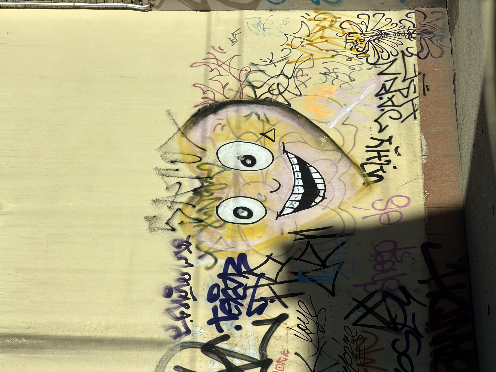 The image shows a section of wall covered in graffiti. The wall is a light yellow color and has various spray-painted images and tags. Prominently featured is a cartoonish face with large eyes and a wide, toothy grin. There are layers of additional graffiti in various colors including black, blue, brown, and purple that overlap the central face and extend across the wall. The scene is located in Riga, Latvia. The wall appears to be an exterior surface and likely part of a building or underpass. The presence of shadow on the right side of the image suggests an adjacent structure.