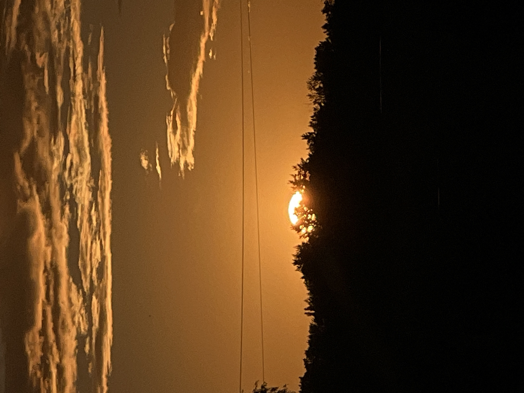 This media file depicts a sunset viewed from Chaikovsky, Russia. The scene is dominated by the warm, golden hues of the setting sun, casting a dramatic glow across the sky and highlighting the texture of the clouds. On the left side of the image, elongated streaks of clouds appear almost solidified, reflecting the sun's light with a bright, almost metallic sheen.
The right side of the image is largely consumed by darkness, representing a silhouette of trees. These trees are densely packed, their jagged outlines creating a stark contrast against the illuminated sky. Nestled within the silhouette of the trees, a portion of the sun is visible, its edge appearing as a bright crescent as it dips below the horizon. The sun's rays are breaking through the foliage, creating a halo effect around it and adding to the dramatic visual of the sunset.
Two thin, dark lines, likely power lines or telephone wires, run vertically through the frame, bisecting the scene and adding a man-made element to the natural landscape. The overall mood of the image is serene and awe-inspiring, capturing the fleeting beauty of a sunset. The lighting and the contrast between light and shadow suggest it is dusk, with the day coming to an end. No text is visible in the image.