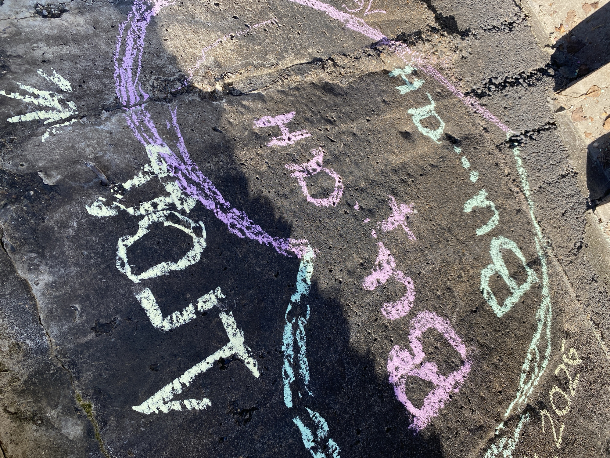 The image shows chalk writings on a gray concrete surface. The writings include the word "PARTY" in a light color, possibly white or light green. Part of a heart shape is drawn in purple chalk. Other writings include "But But," and "HD." The year "2020" is also written. The location is not discernible as Chaikovsky, Russia. No people are visible.