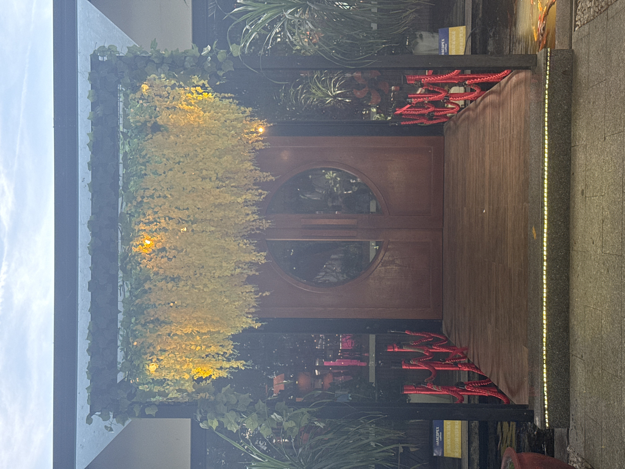 A wooden bridge leads to a double wooden door with a circular glass inset. The entrance is decorated with hanging yellow flowers and green foliage. Red rope barriers with black posts line the sides of the bridge. Behind the entrance, plants and reflections of lights are visible. In the foreground, a pathway with granite tiles and embedded lights is present. To the right, koi fish are visible in a pond. The scene appears to be an outdoor entrance to a building in a city.