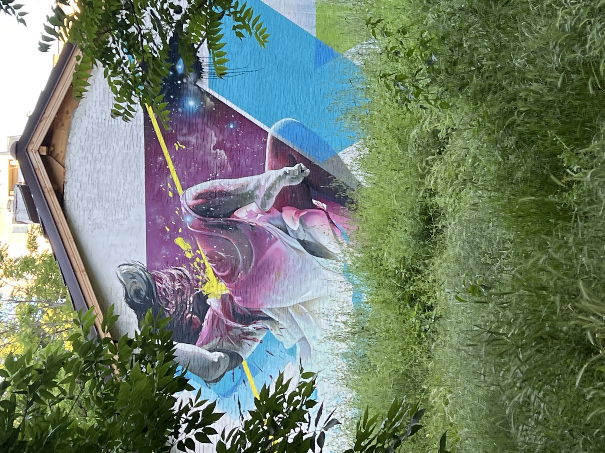 The image depicts a mural on the side of a building in Sofia, Bulgaria. The mural features a figure lying in a pool of color against a background of blue, purple, and white. The figure's face is obscured, but the body appears to be draped in a flowing, pink fabric. A yellow stripe diagonally crosses the mural. The building is partially obscured by foliage. The foreground includes both leafy branches and tall grass. The building's facade is white and textured, topped with a brown roof.