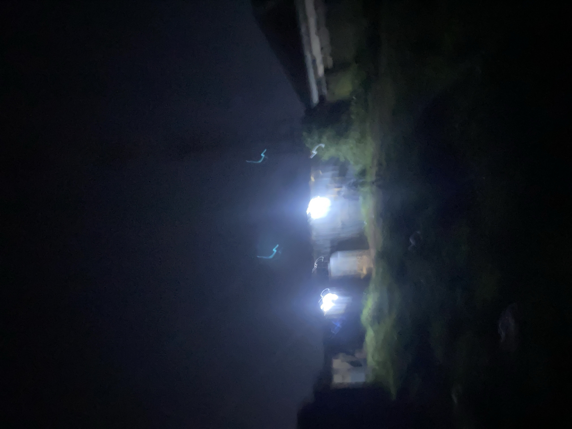 The image depicts a dark, outdoor scene at night, likely in the city of Jos, Nigeria. The lighting is poor, with bright, blurred light sources creating streaks and flares across the image. In the background, there appear to be structures, possibly buildings or shacks, with some windows illuminated. The foreground is overgrown with grass and vegetation, also indistinct due to the low light and motion blur. Several luminous streaks, some blue-green and others white, are visible in the air, suggesting movement or light trails. The overall impression is one of a rural or semi-urban area at night, with limited artificial illumination.