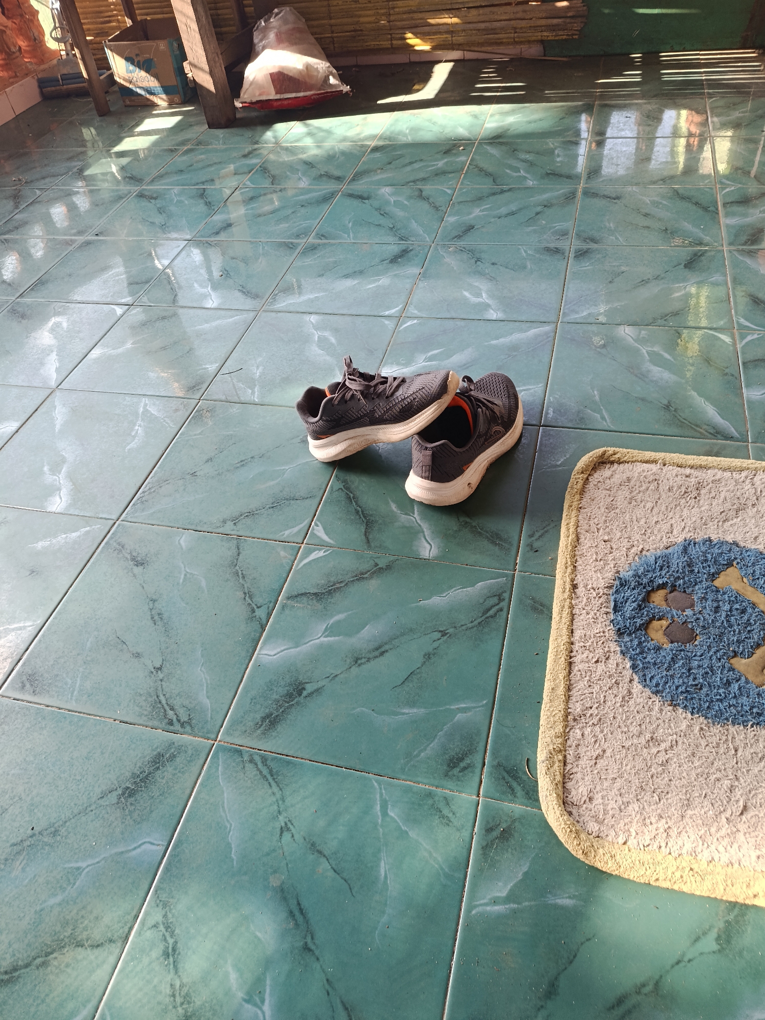 A pair of dark gray athletic shoes with orange accents rests on a tiled floor. The tiles are a light teal color with a marble-like pattern. To the right of the shoes, a beige doormat with a blue and brown paw print design is visible. In the background, wooden beams and bamboo structures suggest an outdoor or semi-outdoor setting, possibly a porch or covered patio. Sunlight streams in, casting shadows across the floor and illuminating dust particles. The scene appears to be located in Mansalean, Indonesia, as indicated by the context provided.
