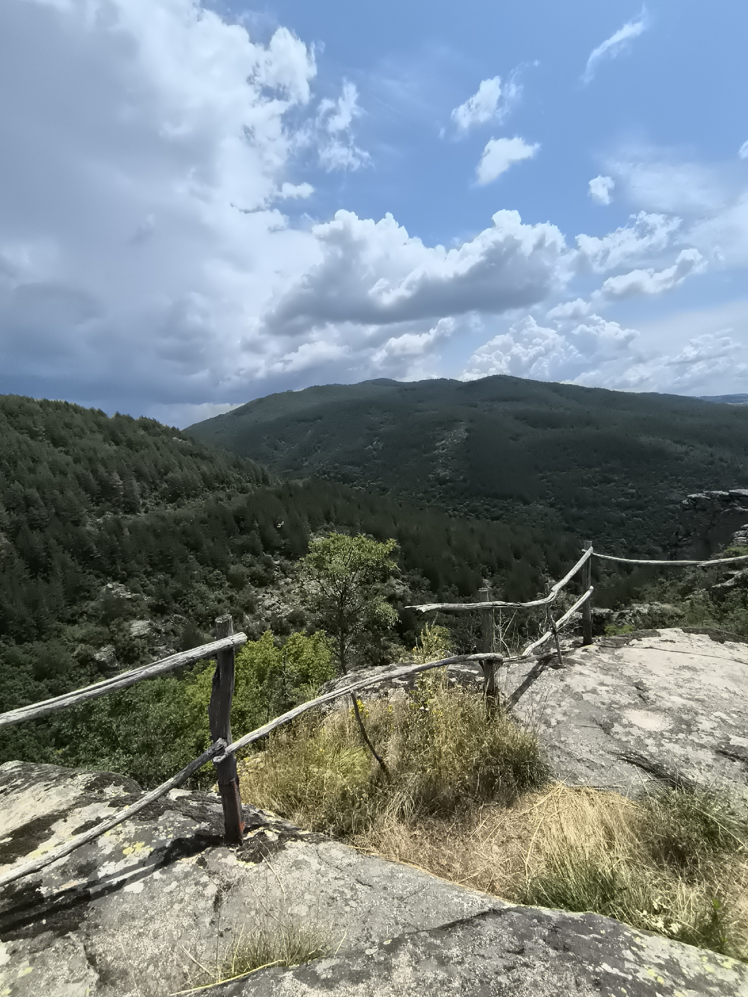 The image depicts a rocky overlook with a rustic wooden fence in the foreground, providing a view of a vast, densely forested mountain range under a partly cloudy sky. The fence, constructed from weathered logs, runs diagonally across the frame, suggesting it serves as a safety barrier. The foreground consists of large, rough-textured rocks with patches of dry grass and smaller green vegetation growing between them.
In the midground, the landscape descends into a valley blanketed by a dark green forest, predominantly pine trees, which cover the rolling hills. The trees appear dense, with little visible undergrowth. The forest extends to the horizon, where layers of mountains fade into the distance.
The sky is a mix of bright blue patches and dramatic, textured clouds, some appearing white and fluffy, while others are darker and more ominous, hinting at potential weather changes. The lighting suggests it is daytime, possibly late morning or early afternoon, with the sun illuminating the scene from behind and to the left.
The location is identified as the area around Dolen, Bulgaria, a region known for its natural beauty and mountainous terrain. The scene captures a sense of rugged wilderness and panoramic vistas. There are no people or animals visible in the image, focusing entirely on the natural landscape and the man-made element of the fence.