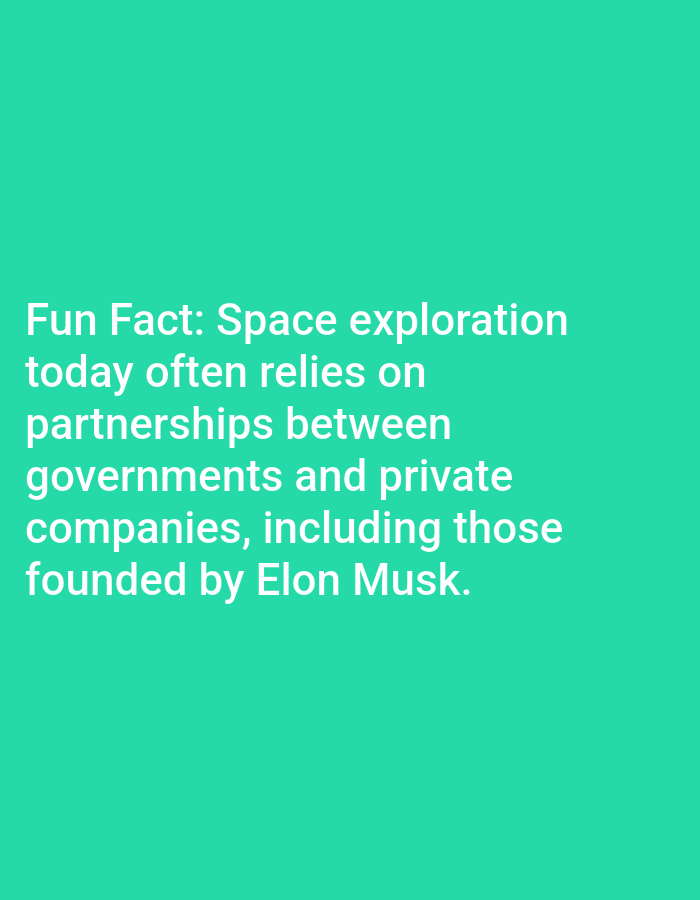 The image is a text-based graphic with a plain, teal background. White text is displayed in the center of the image. The text reads: "Fun Fact: Space exploration today often relies on partnerships between governments and private companies, including those founded by Elon Musk." There are no people, objects, or specific environmental details present in the image beyond the text and background. The image does not contain any information that would allow for its location to be determined within Lagos, Nigeria, or any other specific geographic location.