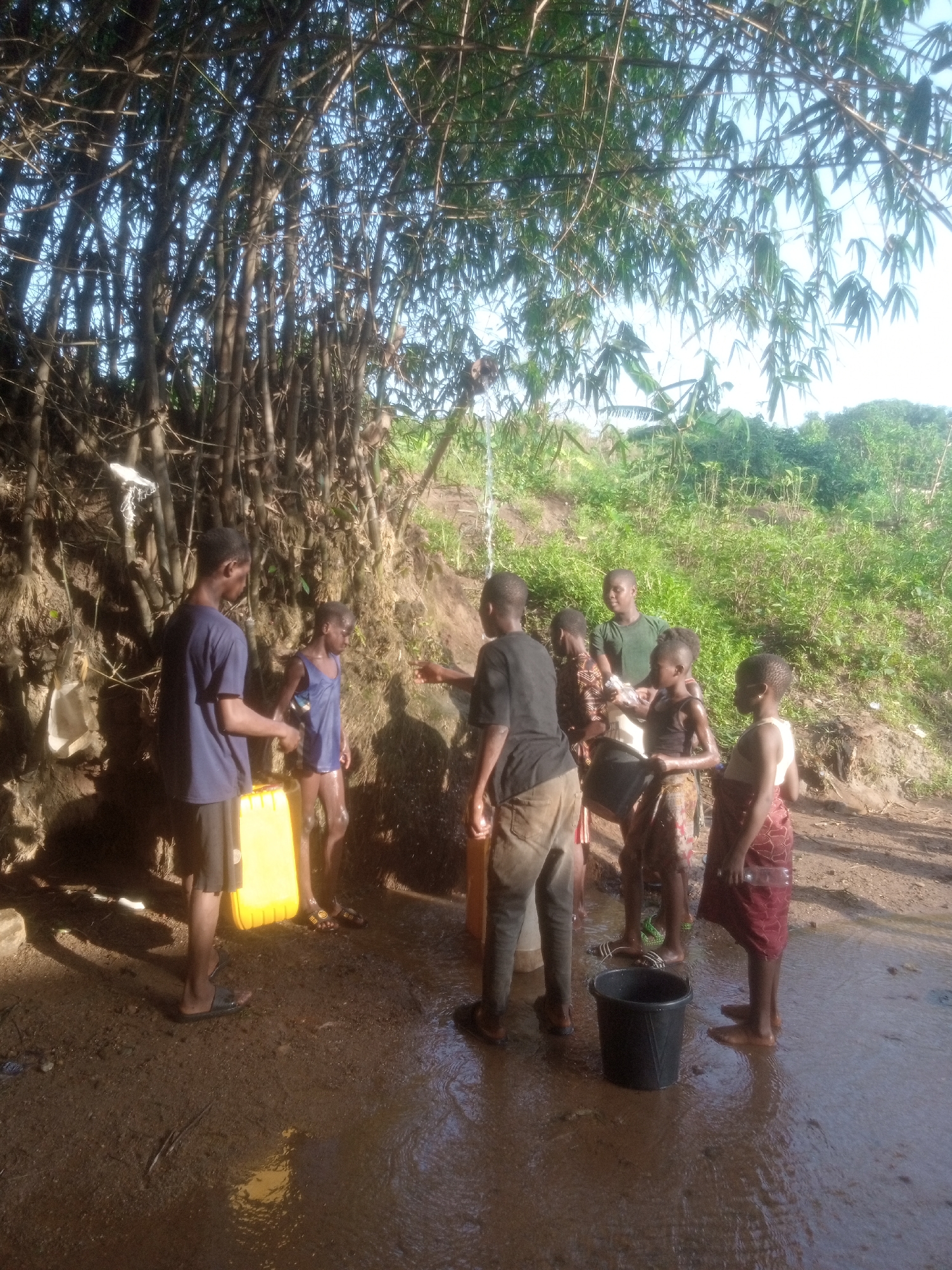 A group of people gathers around a water source in a rural setting. There are seven individuals visible, mostly children and young adults, filling various containers with water from a tap. A yellow jerrycan stands on the left, and a black bucket is placed on the ground in the foreground. The ground is muddy and wet, reflecting the light from above. Lush greenery and bamboo trees surround the area. The city and region are unknown.
