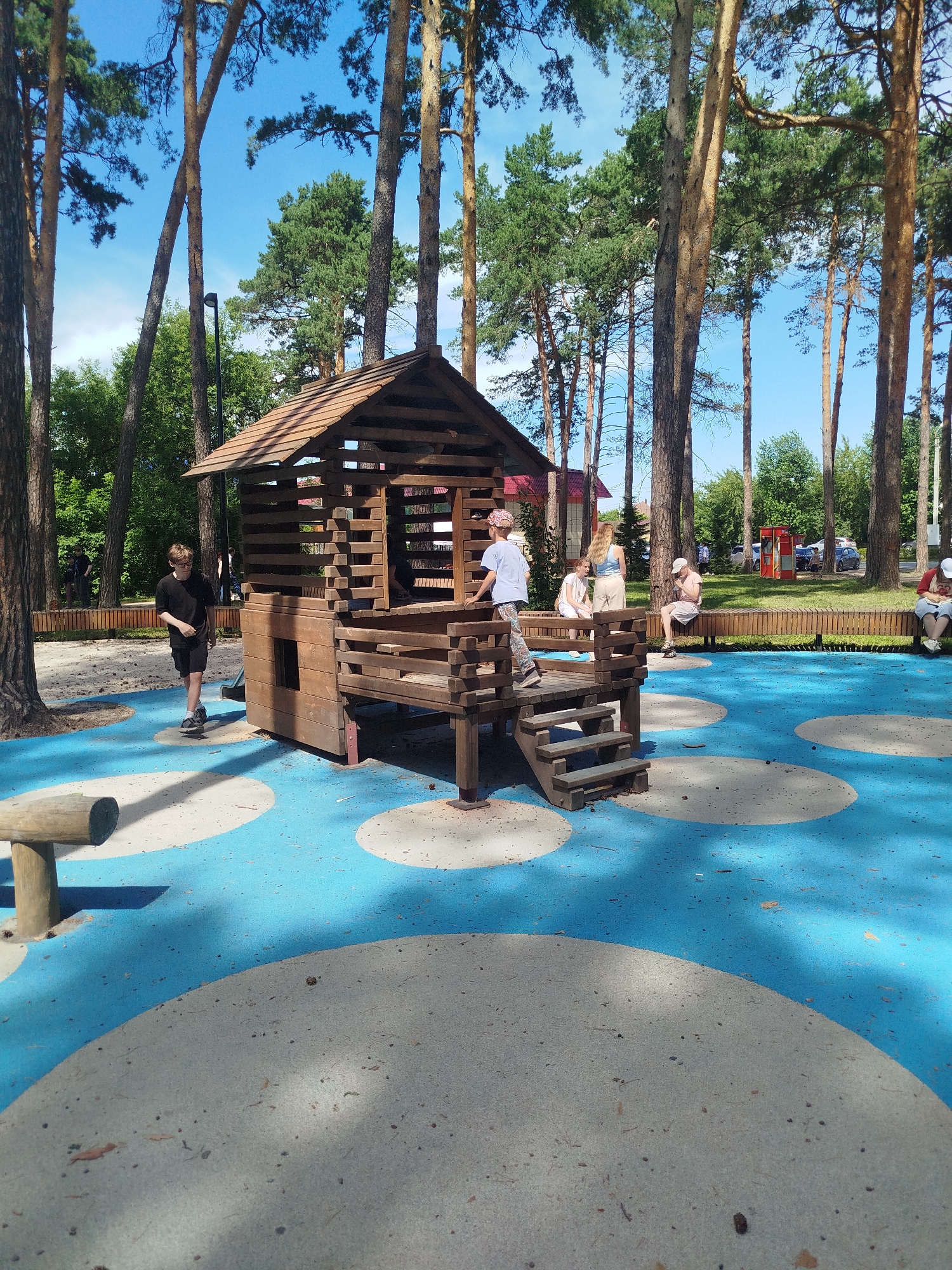 The image depicts an outdoor playground scene on a sunny day. The playground features a wooden playhouse structure with stairs and platforms. A young boy in a black t-shirt and shorts is walking on a skateboard on the blue and grey patterned ground in front of the playhouse. Another child, wearing a pink hat and a light blue shirt, is standing on the playhouse's platform, facing away from the camera.
In the background, several adults are seated on a wooden bench. One woman in a light blue top and white shorts is standing near the bench. Behind the playground, tall pine trees line the area, with a clear blue sky visible above. The setting appears to be a park or recreational area. The time of day is likely afternoon, given the shadows cast by the trees and structures. The overall mood is casual and relaxed, suggesting a pleasant day at the park. There is no visible text in the image.