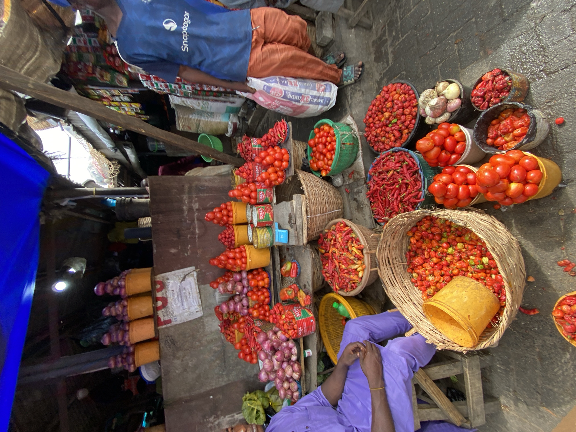 This photo was taken in Lekki, Nigeria and shows a market scene viewed from an elevated position. Various vendors sit beside their produce displays, including tomatoes, peppers, onions, and spices, arranged in baskets and buckets on the ground. One person in a blue shirt and brown pants leans against bags behind produce. Another person is seated on a wooden stool beside a large basket of peppers, wearing a purple shirt. The market appears to be outdoors and sheltered with blue tarps and wooden structures.