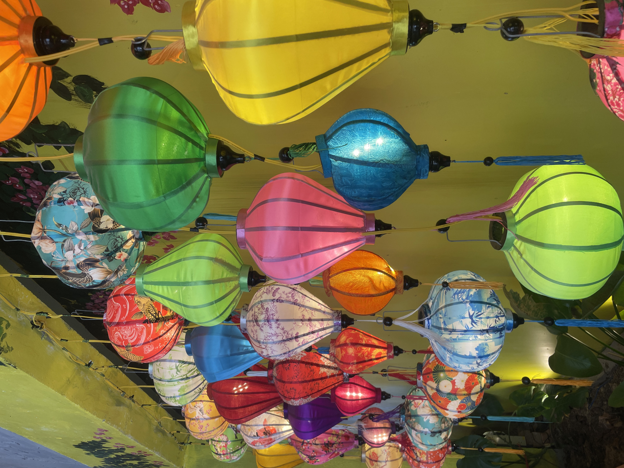 View looking up at a densely-packed ceiling display of colorful lanterns in Nha Trang City, Khanh Hoa Province, Vietnam. Lanterns feature a variety of solid colors and floral, avian, or aquatic designs. All appear to be lit from the inside. The ceiling is light green and displays painted floral designs. Hanging hardware for the lanterns is visible. Green plants appear in the lower right corner.