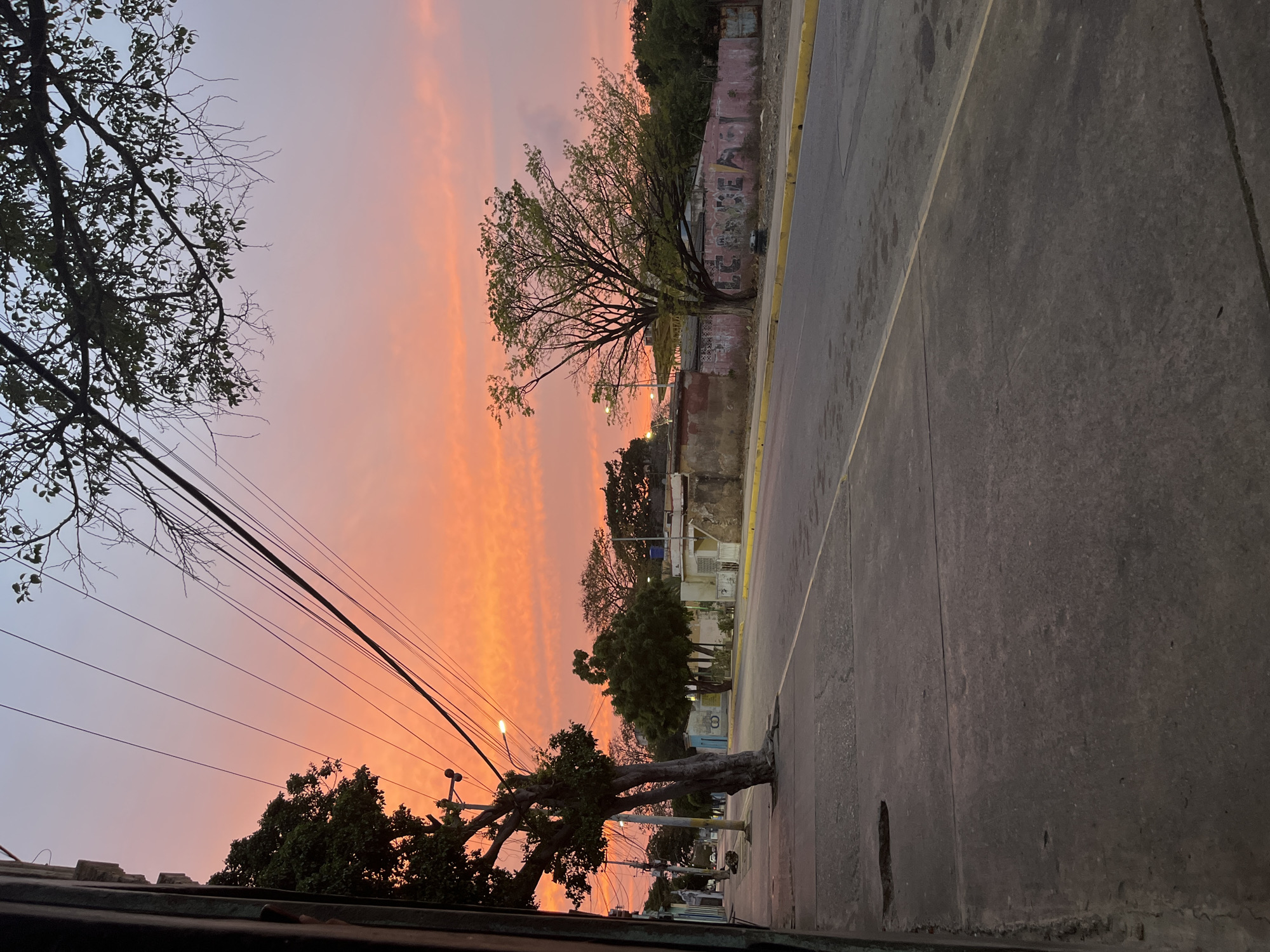 The image depicts a street scene in Juan Griego, Venezuela, captured at sunset. The sky transitions from pale pink to vibrant orange with wispy clouds. The street and sidewalk are concrete, with a yellow painted curb. A mature tree grows directly from the sidewalk, its trunk bending to avoid obstructing the path. Utility lines crisscross the sky. Behind the tree, a faded, graffiti-covered wall borders the road. Further back, glimpses of buildings and additional trees are visible. The photograph has been taken at an angle, with the street running diagonally from the upper right to the lower left of the frame. The image seems to have been taken from the roof. There are no people visible in the frame. A street light can be seen on the left center of the photograph.