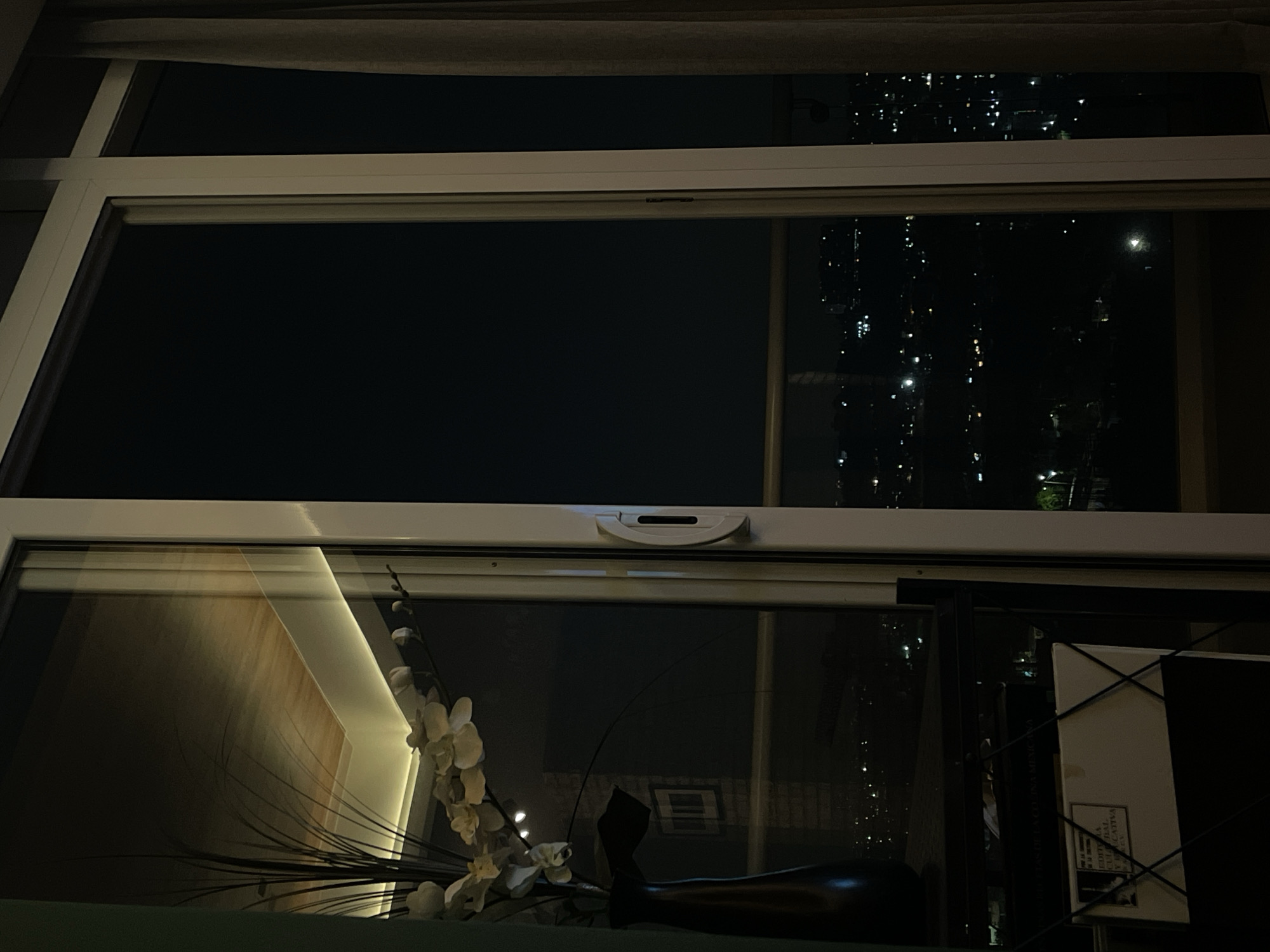 A low-angle, indoor shot frames a partially open window at night, likely in Huixquilucan de Degollado, Mexico, as city lights are visible through the top pane. The top section of the window is a dark, seemingly unadorned view of the night sky. The lower section reveals a more complex composition. A decorative arrangement, possibly a vase with artificial flowers, is placed on what appears to be a window sill. Reflected or viewed through the lower pane are interior elements of the room. To the right, books are visible.
