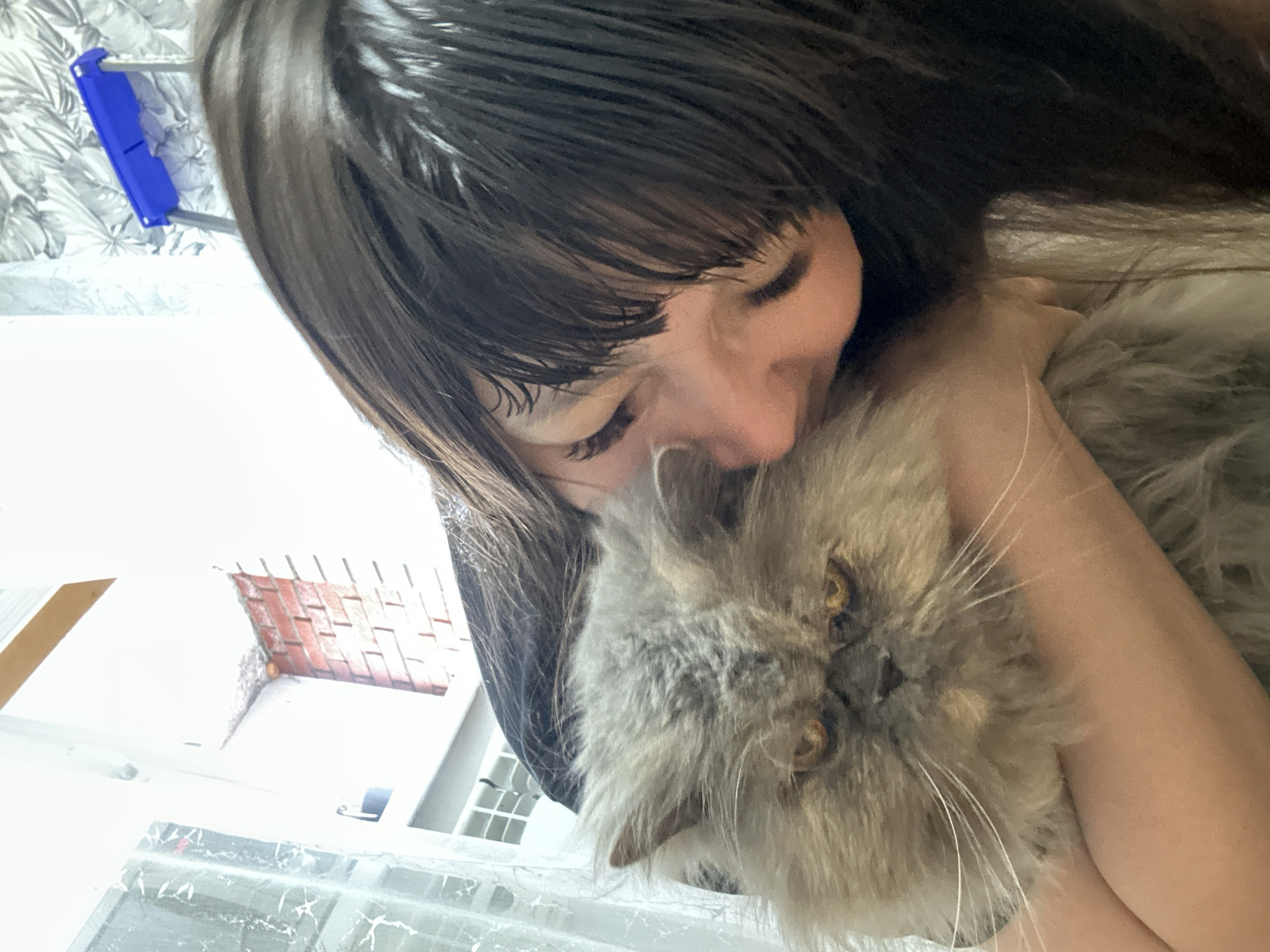 A woman with long, dark hair is embracing a fluffy, light-gray Persian cat. The woman's face is close to the cat, suggesting affection. The background is blurred, but elements of a room are visible, including a brick-like texture, a white window frame with multiple panes, and a patterned surface on the wall. The location, Chaikovsky, Russia, cannot be forensically confirmed from visual data.