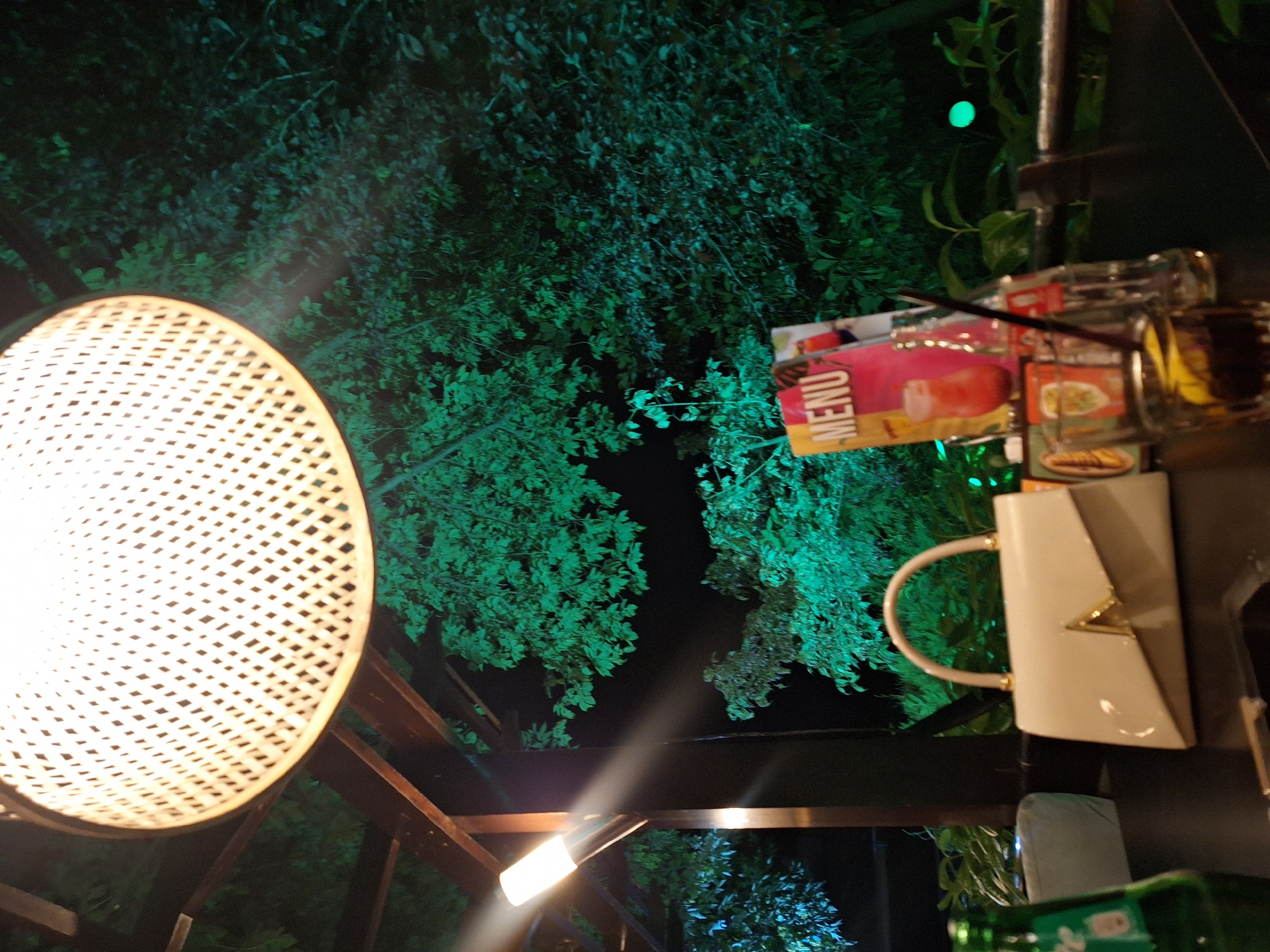 The image presents an outdoor, nighttime scene at a restaurant or bar located in Petrich, Bulgaria. Dominating the upper frame is a large, circular, woven lampshade casting warm light downwards. Below it, a dark table displays several items. Centrally positioned on the table is a light-colored, structured handbag featuring a gold-toned triangular clasp and a top handle. To the left, a green-labeled bottle is partially visible. To the right of the handbag, a menu stands upright, displaying "MENU" in yellow letters on a red background, with an image of a drink. Behind this menu, a smaller placard shows an image of an orange fruit. In the immediate foreground, a glass contains a dark beverage, a lemon wedge, and a black straw, next to a small, clear glass bottle. To the left, a rectangular, bar-shaped light fixture mounted on a wooden beam emits a strong, directional beam of light. The background features dense foliage and trees, heavily illuminated with a distinct green light, set against a dark night sky. A faint green circular light source is visible within the foliage on the far right. No individuals are present in the frame.