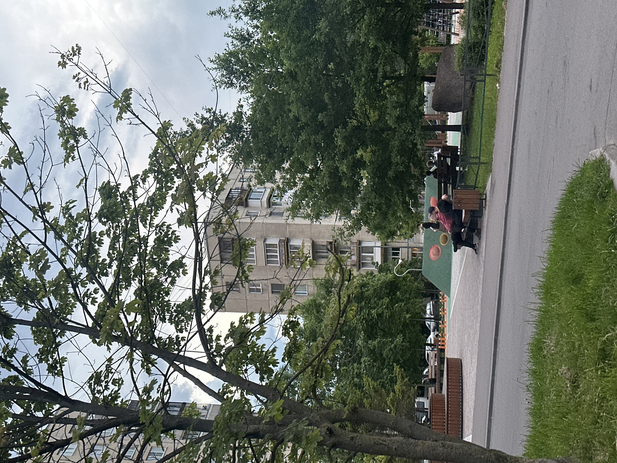 This image captures an outdoor urban park scene under an overcast sky in the city of Unknown, Unknown.
In the immediate foreground, a strip of green grass borders an asphalt road that curves slightly. A large deciduous tree with multiple trunks and full green foliage occupies the left side of the foreground, partially obscuring the background.
The middle ground features a paved park area. Two individuals are seated on a wooden slatted bench, positioned slightly right of the center. The person on the left wears a dark top and a dark cap, facing right, while the person on the right wears a red/maroon top and dark pants, facing left, with an orange, spherical object on the bench beside them. Further back in the park, several other indistinct figures are visible sitting on benches or walking. The park contains various play structures, including a green, sloped mound with two orange circular targets, raised wooden planters, and a large, dark boulder. A low metal fence separates a grassy patch from the paved path on the right. Numerous mature trees with dense green leaves are scattered throughout the park, partially obscuring the buildings behind them.
The background consists of several multi-story residential buildings. A prominent light grey concrete apartment block with numerous windows and several enclosed balconies is visible behind the park trees on the left. Another building is partially visible on the far right. The sky above is overcast with visible clouds.