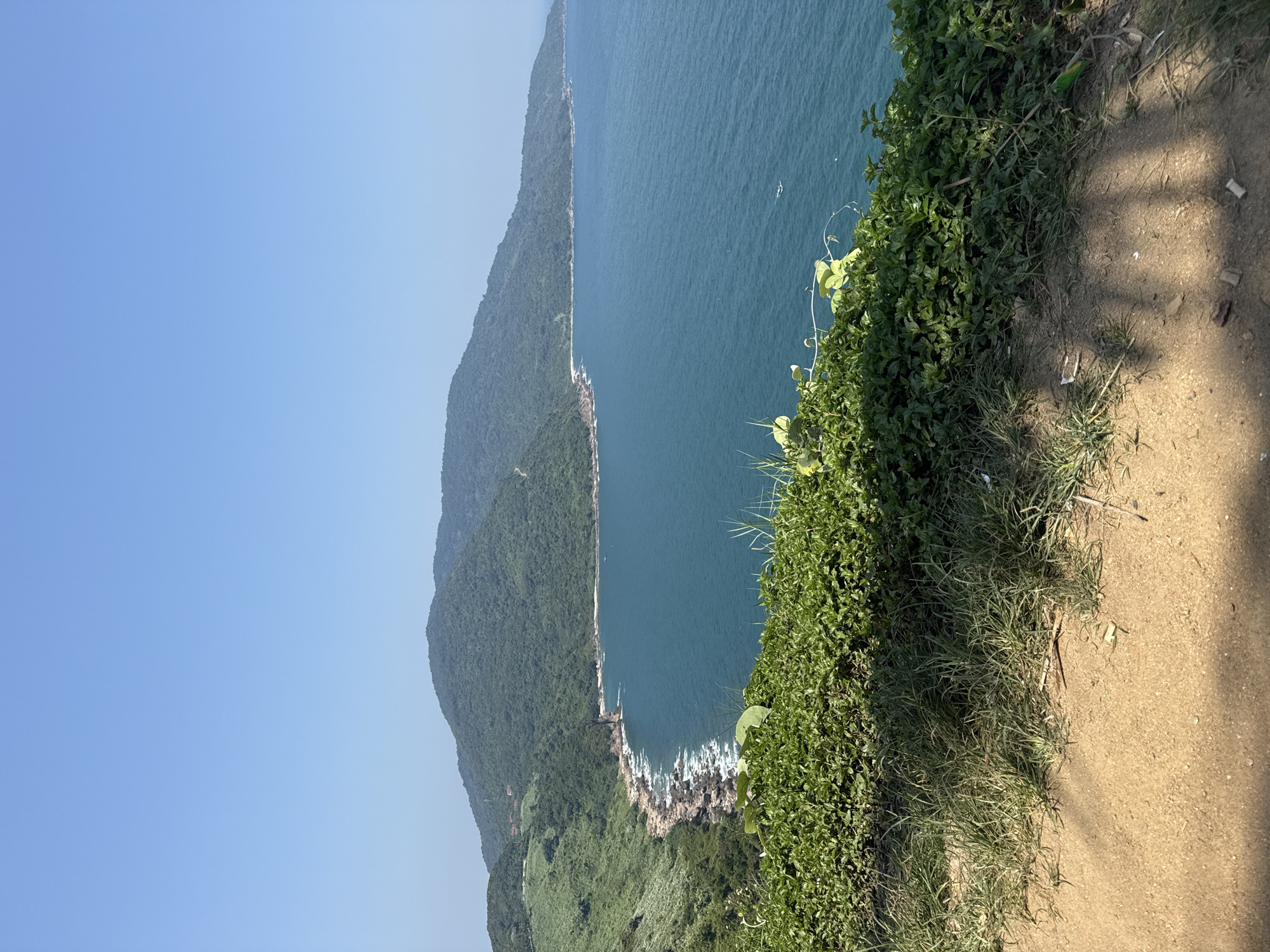 The image depicts a coastal view from a high vantage point. The sky is clear and blue. To the left, a mountainous peninsula covered in dense green vegetation stretches along the coastline. The blue water of the sea fills the majority of the frame, separating the peninsula from the viewpoint. The edge of the cliff is visible on the right, with a mix of green foliage and a dirt path.
The location is likely the Sơn Trà Peninsula (Monkey Mountain) in Đà Nẵng, Vietnam, due to the distinctive landscape features.